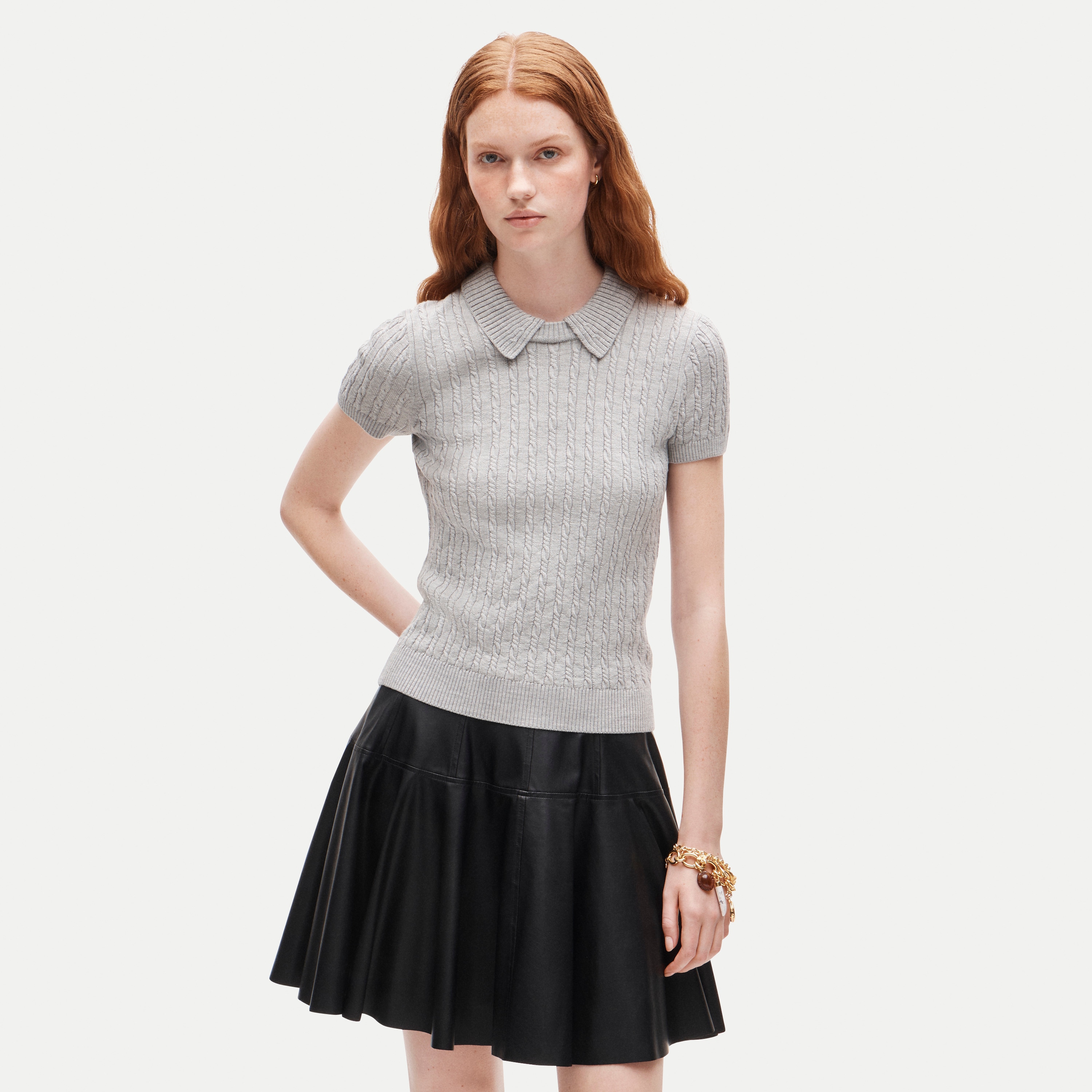 Cable-knit sweater-polo in merino wool