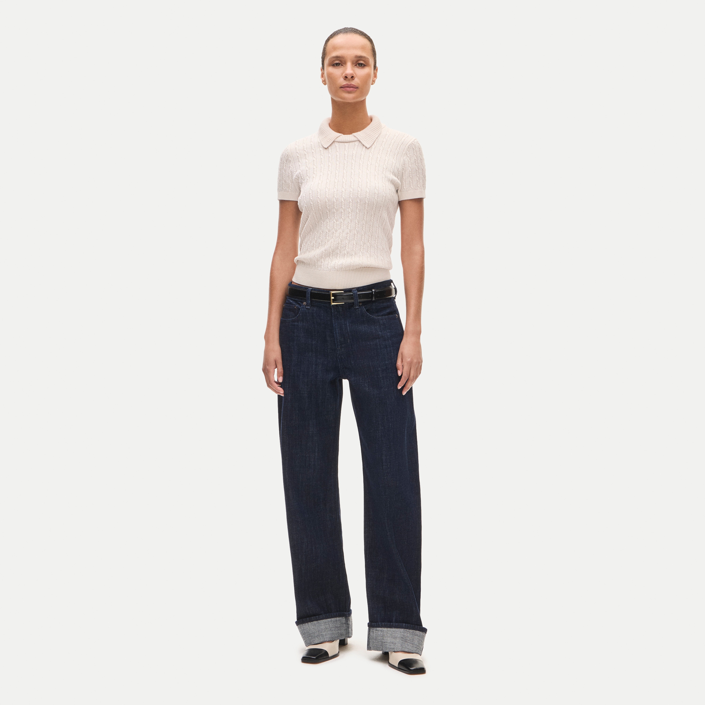 Cable-knit sweater-polo in merino wool