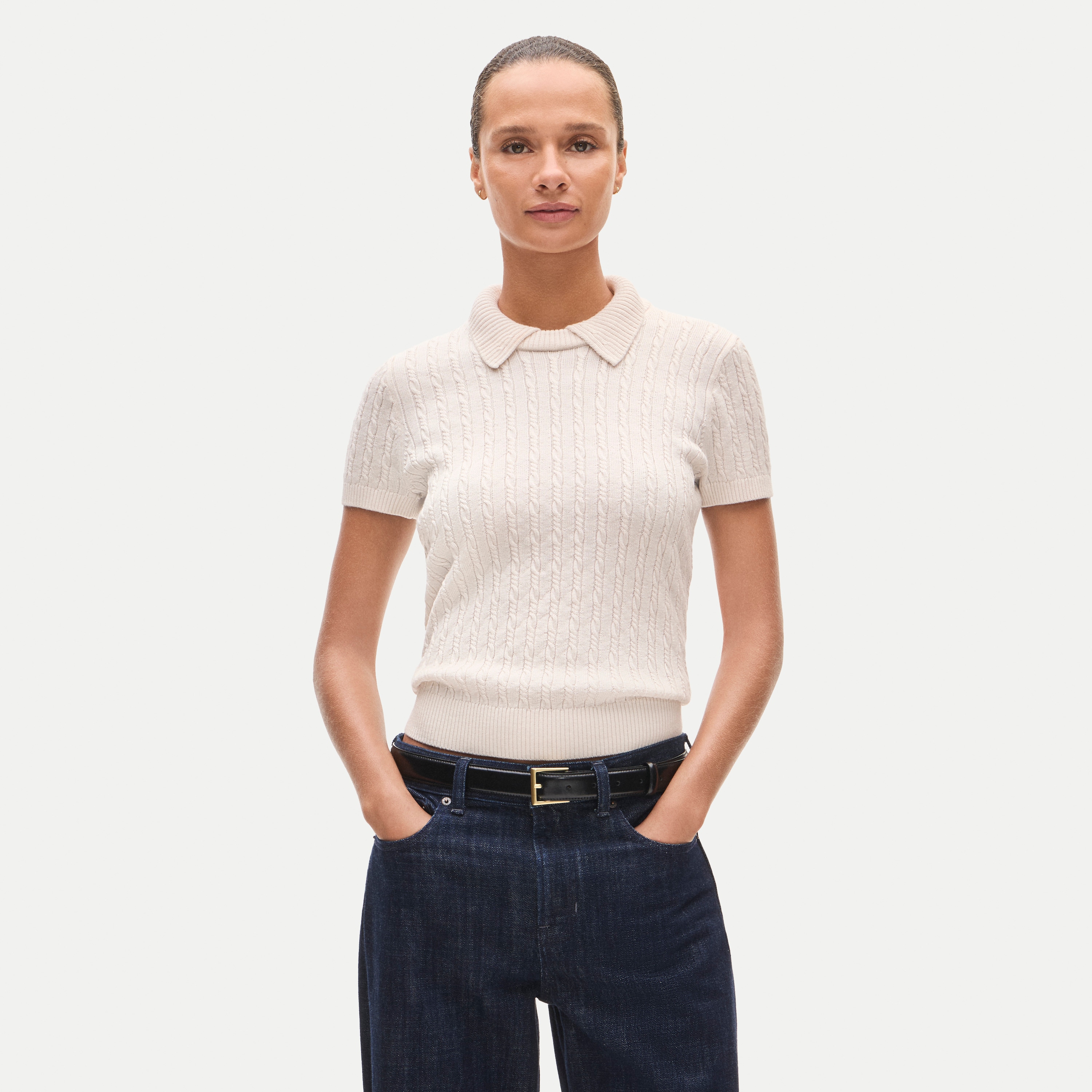 Cable-knit sweater-polo in merino wool