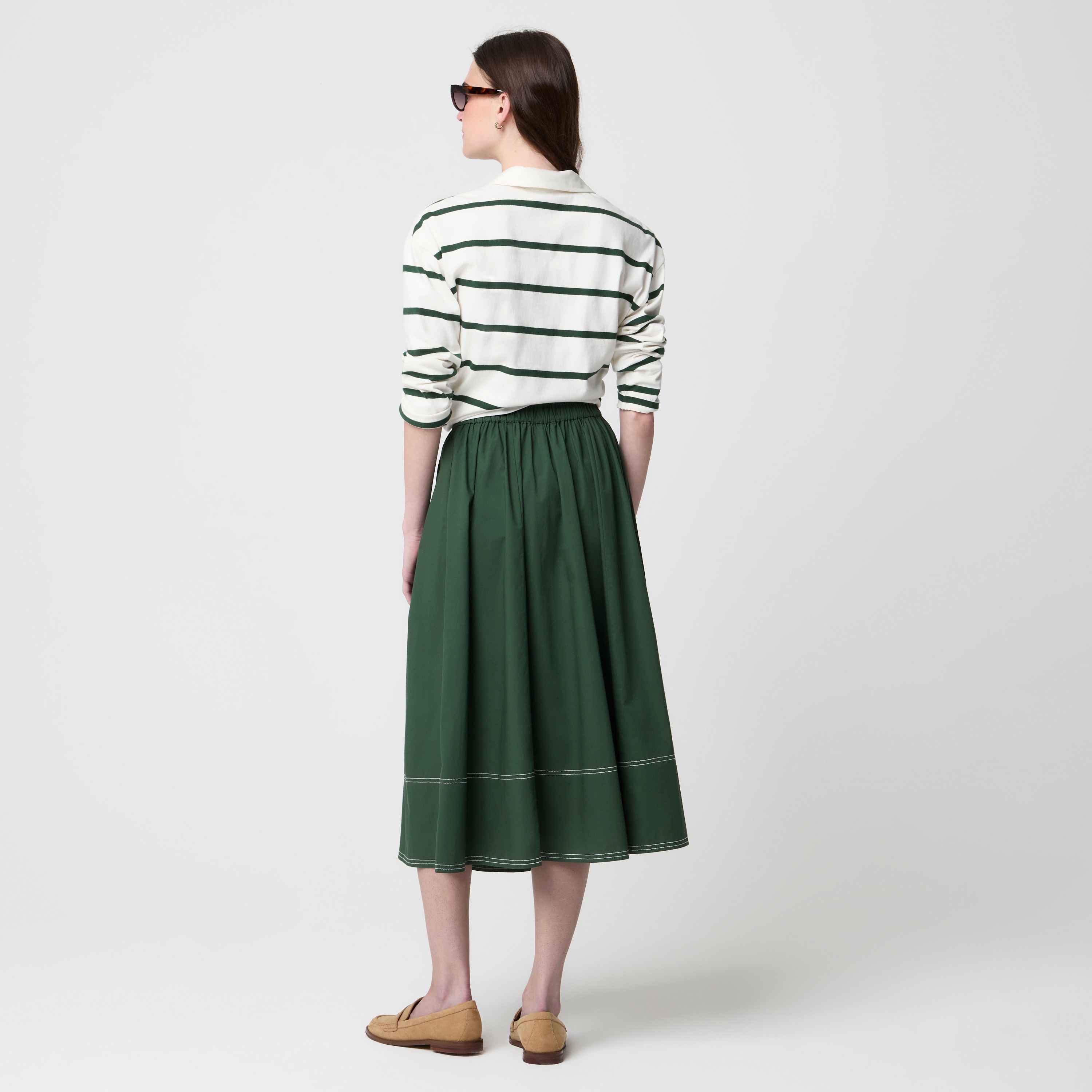 Topstitched poplin midi skirt