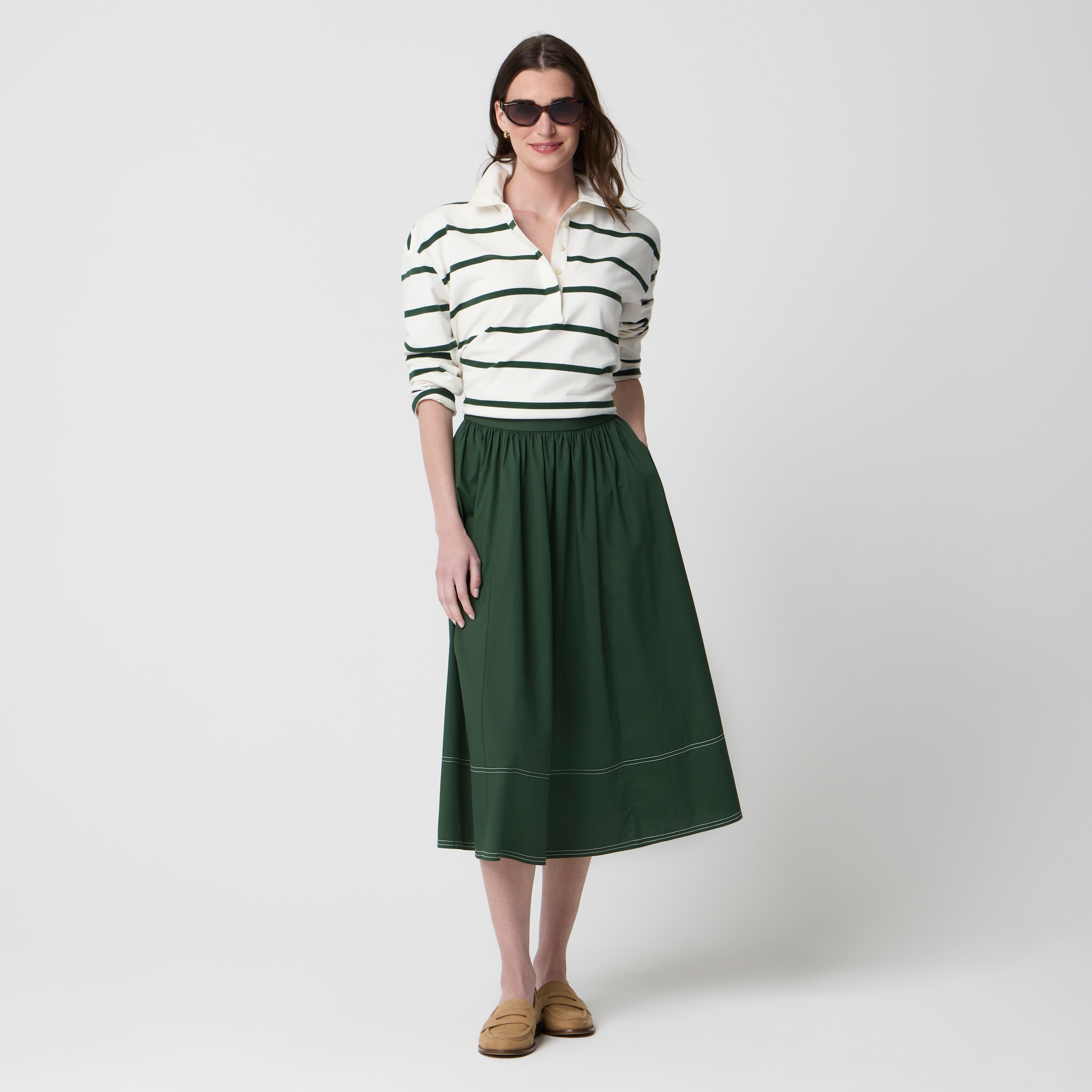 Topstitched poplin midi skirt