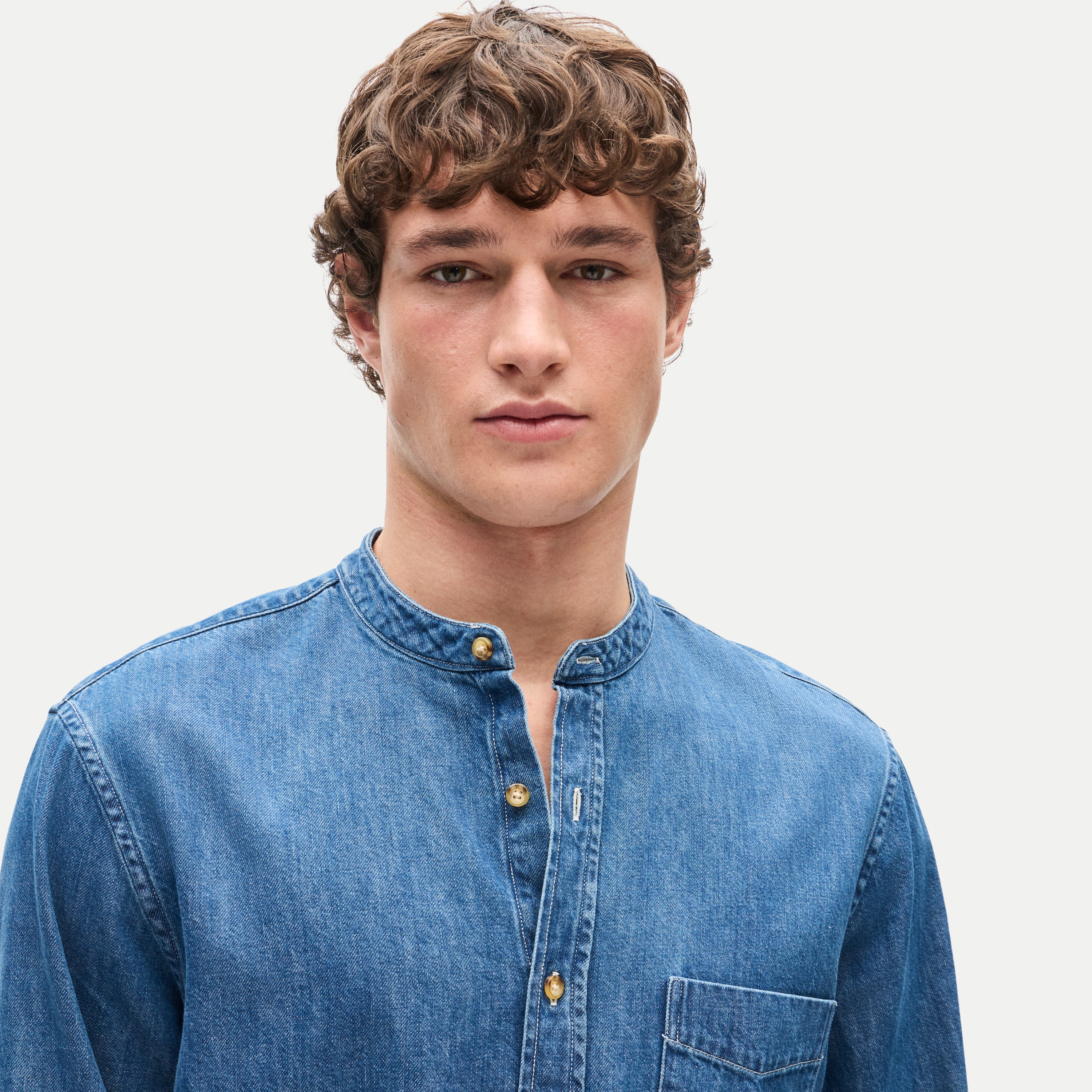 Midweight denim band-collar shirt - thumbnail 2
