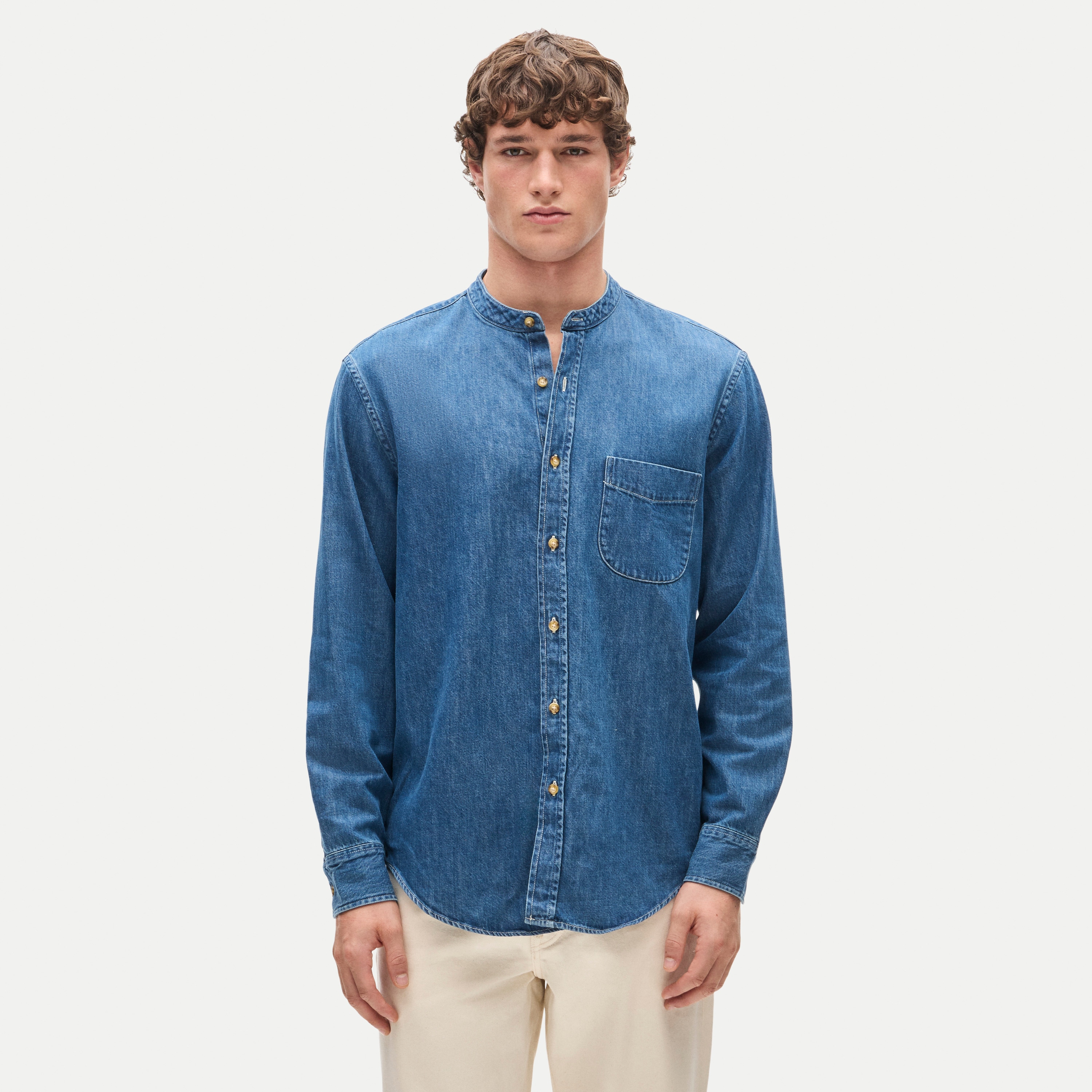 Midweight denim band-collar shirt