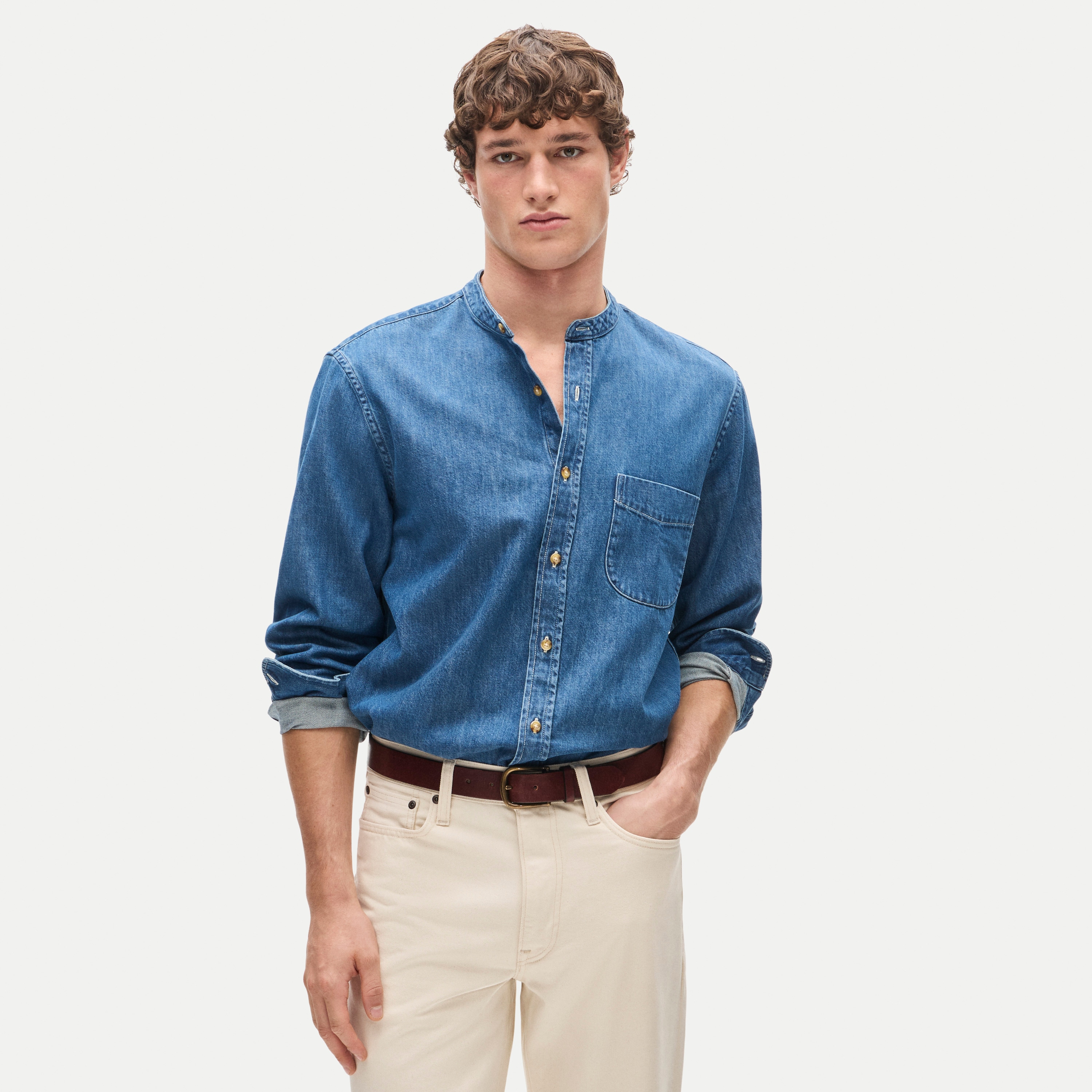 Midweight denim band-collar shirt