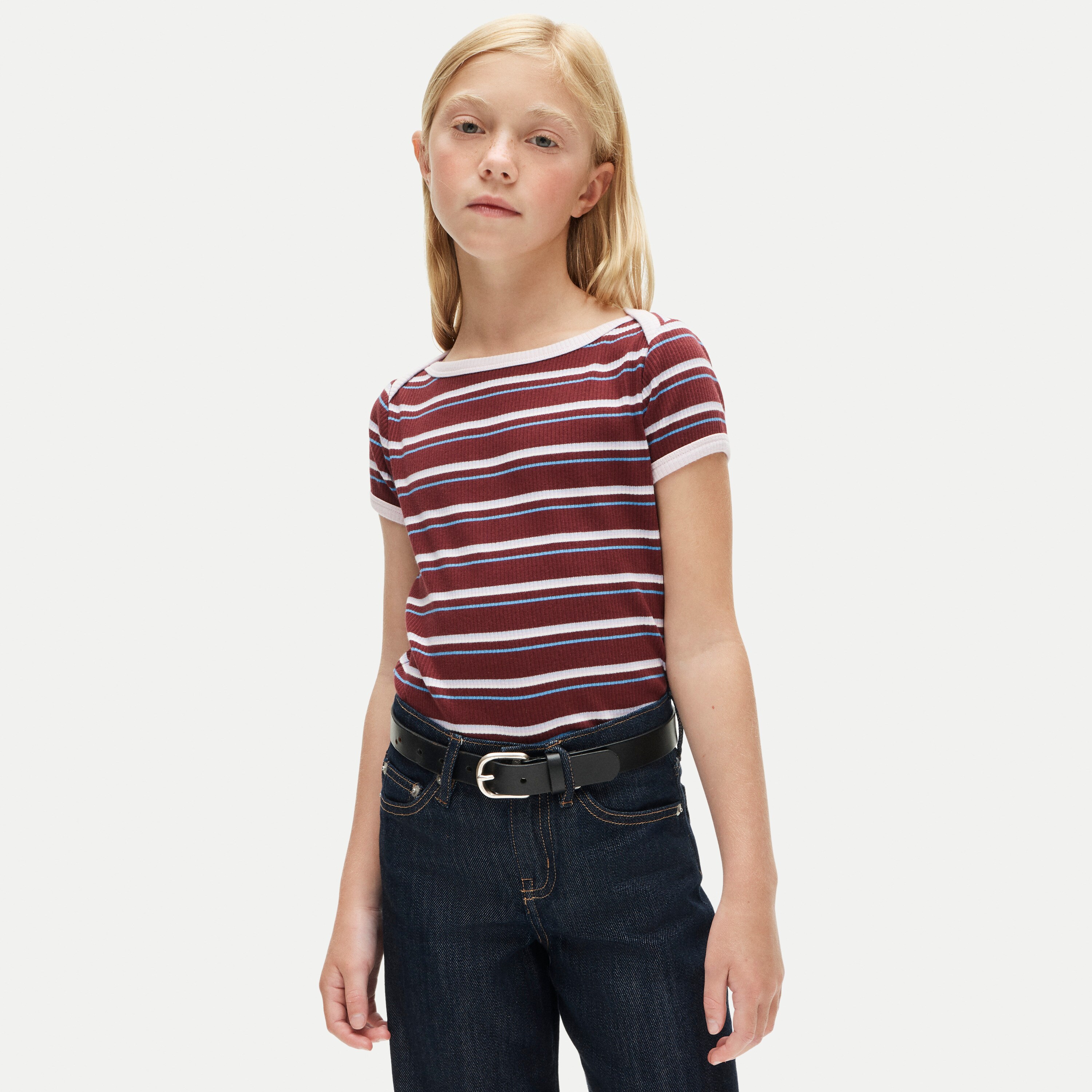 Girls' boatneck T-shirt in striped vintage rib