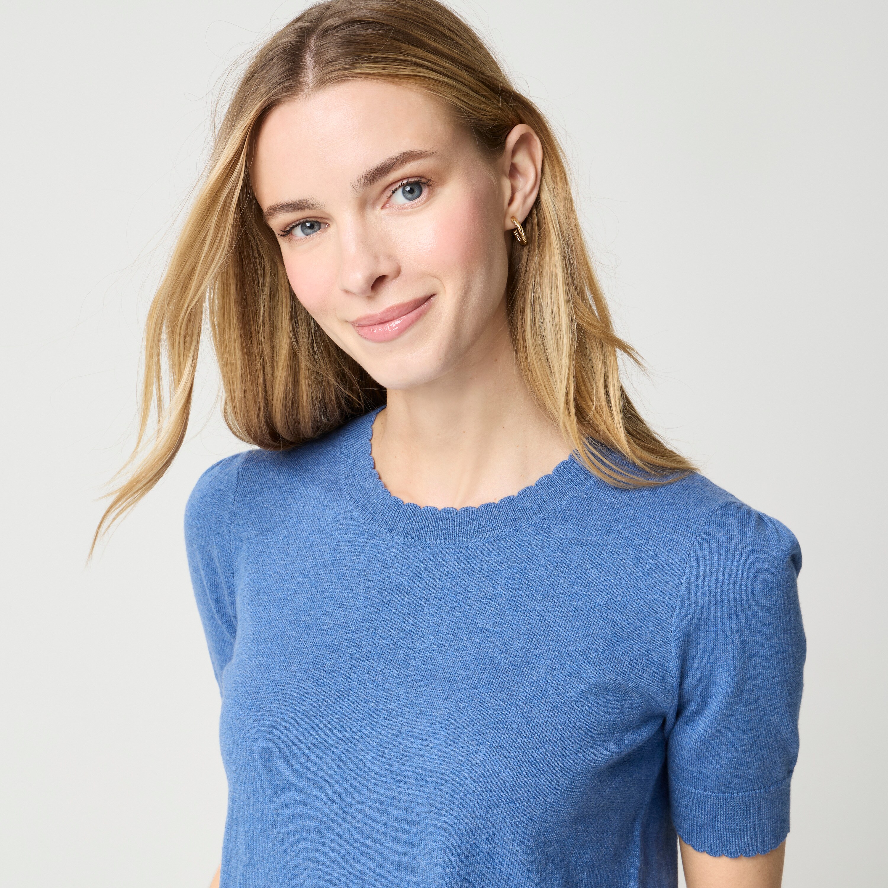 Short-sleeve 100% Cotton Crewneck Scalloped Sweater For Women