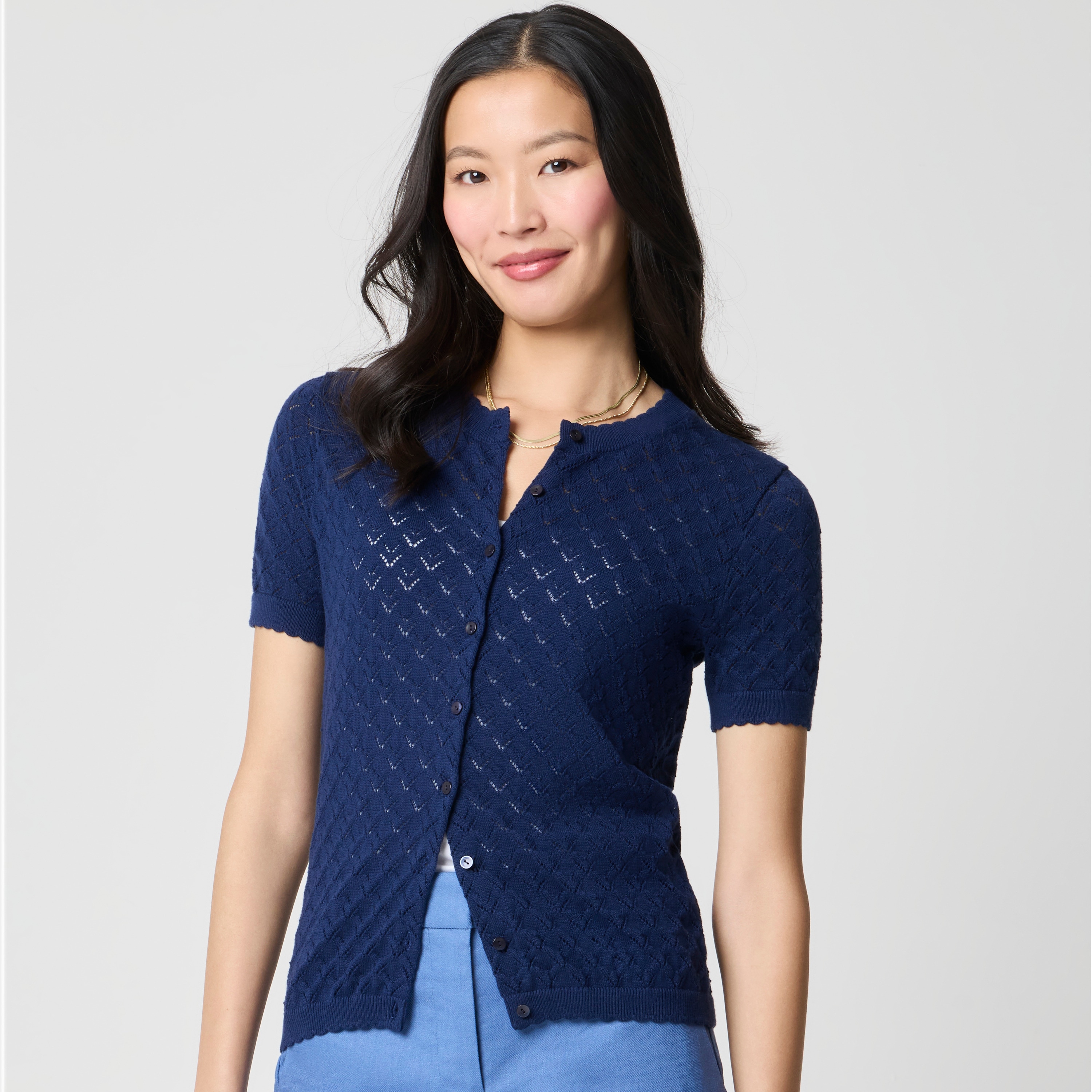 Short-sleeve pointelle cardigan sweater