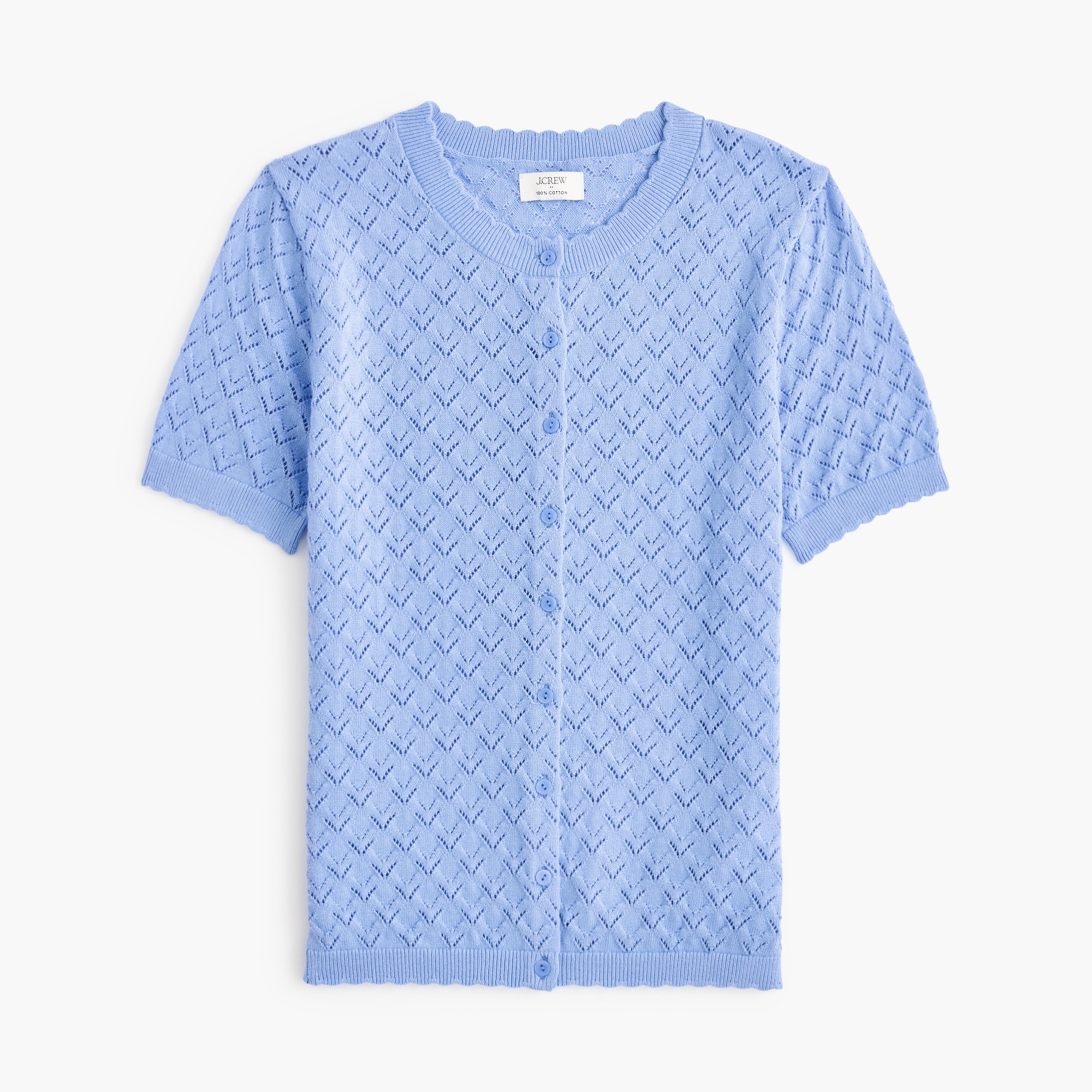 Short-sleeve 100% cotton pointelle cardigan sweater