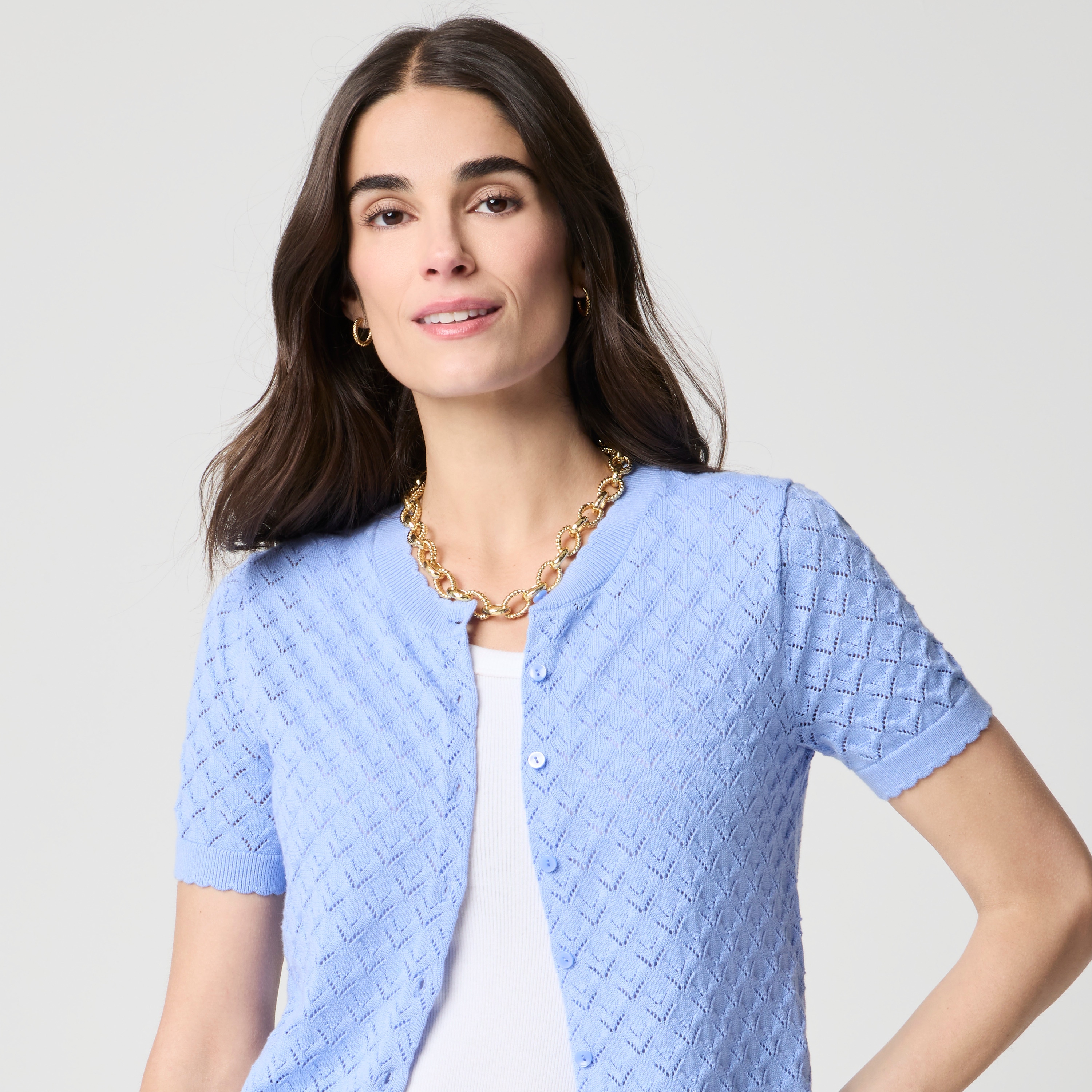 Short-sleeve 100% cotton pointelle cardigan sweater