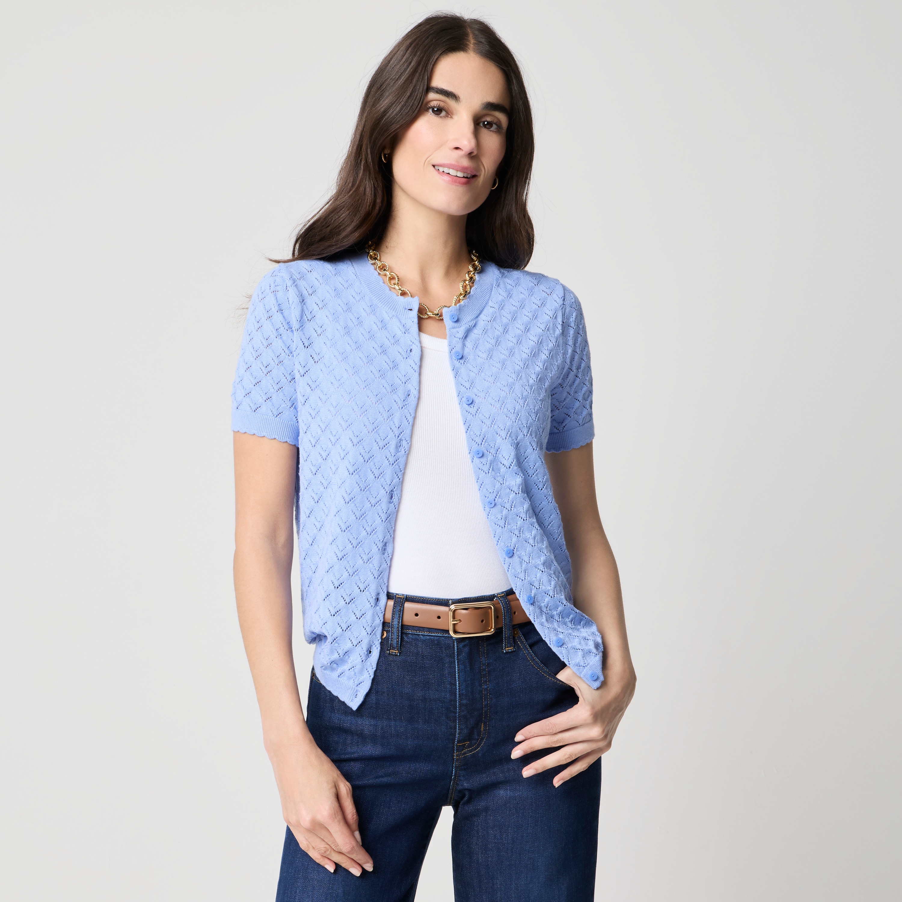 Short-sleeve 100% cotton pointelle cardigan sweater
