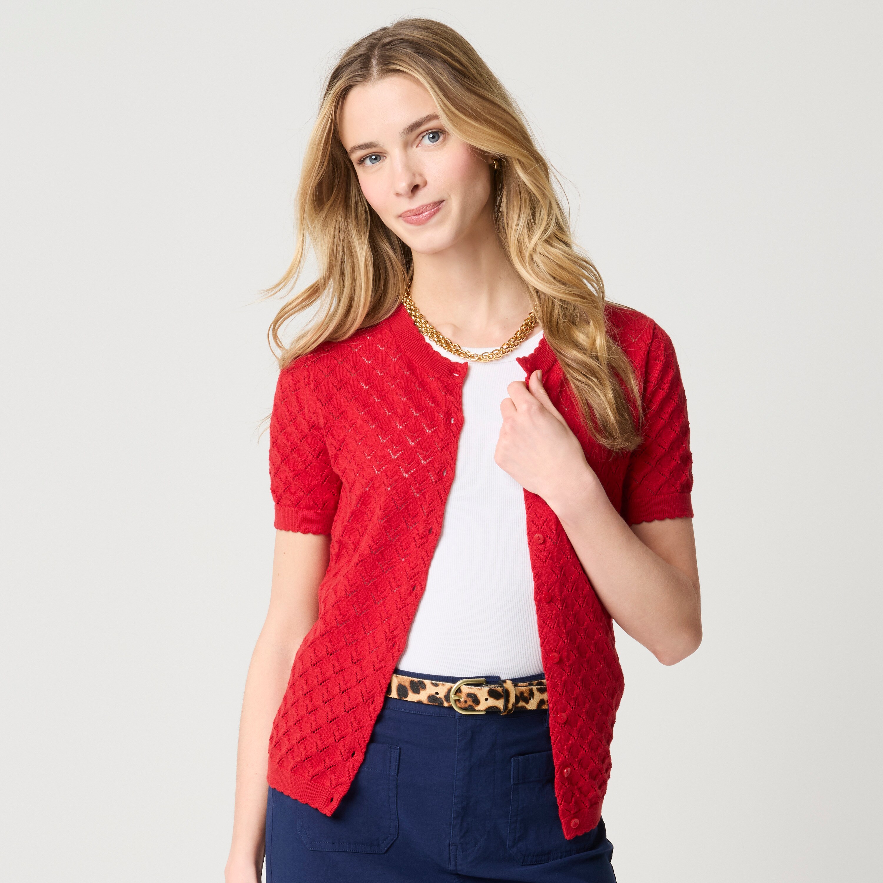 Short-sleeve 100% Cotton Pointelle Cardigan Sweater For Women