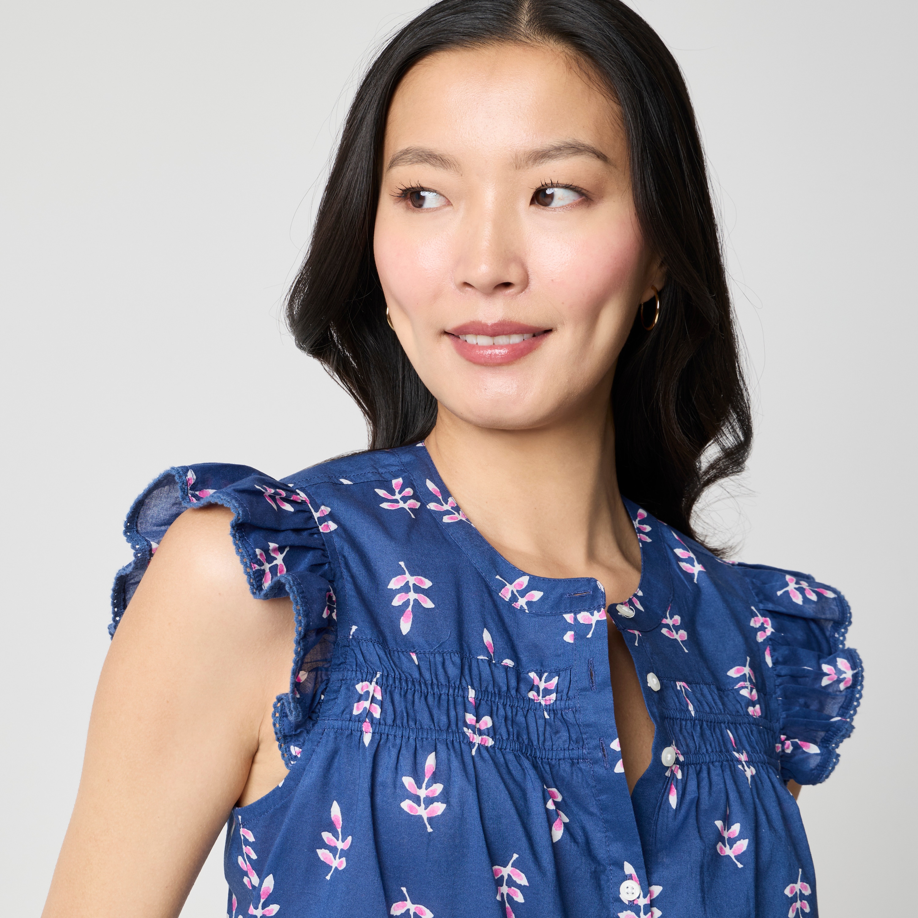 Printed flutter-sleeve top