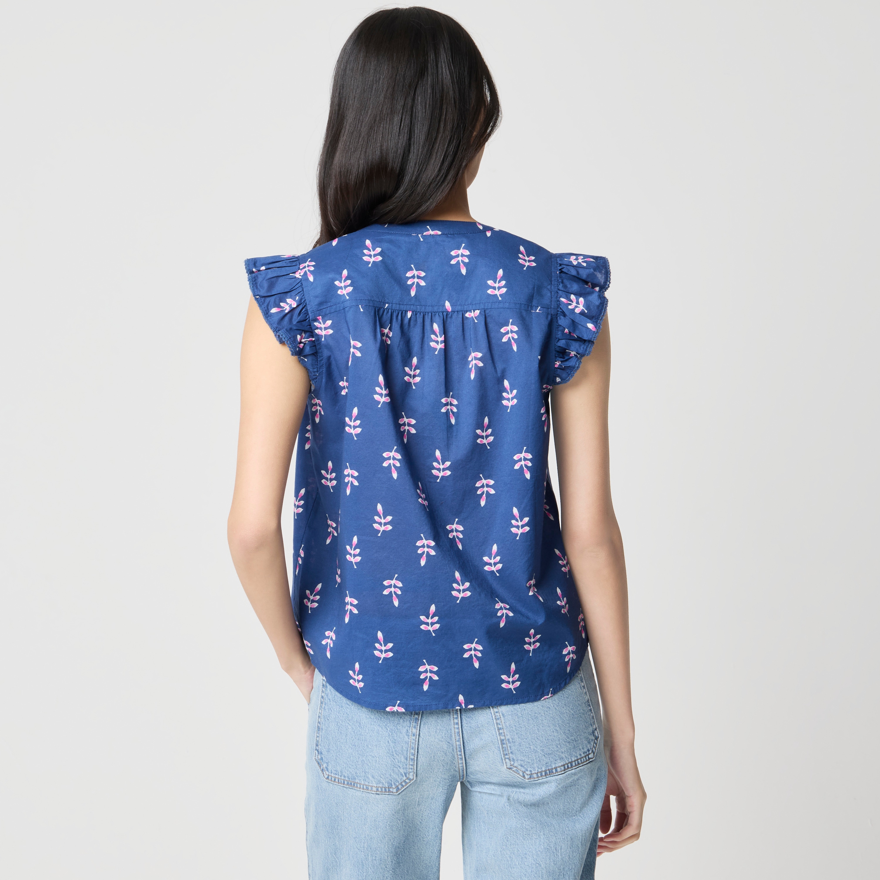 Printed flutter-sleeve top