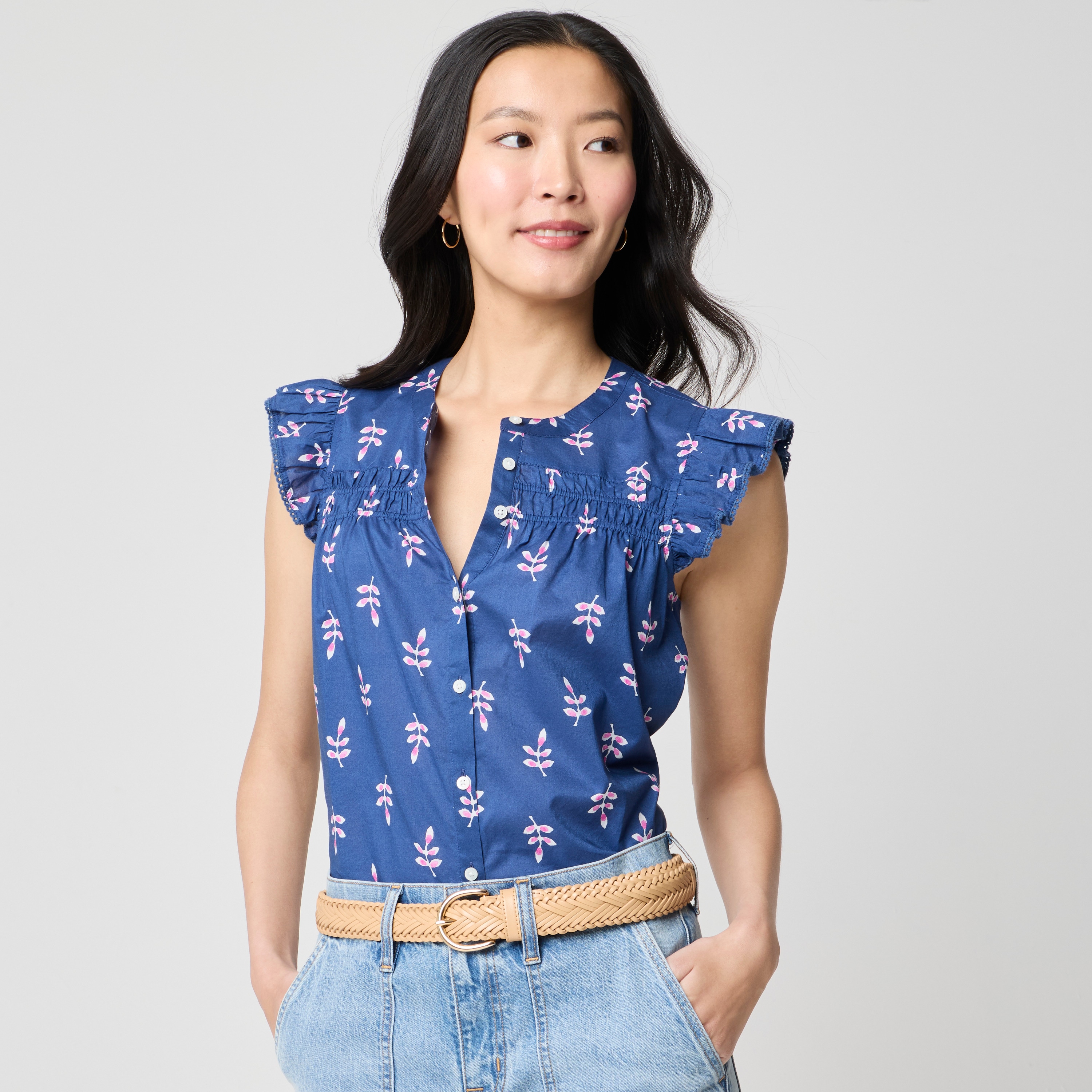 Printed flutter-sleeve top