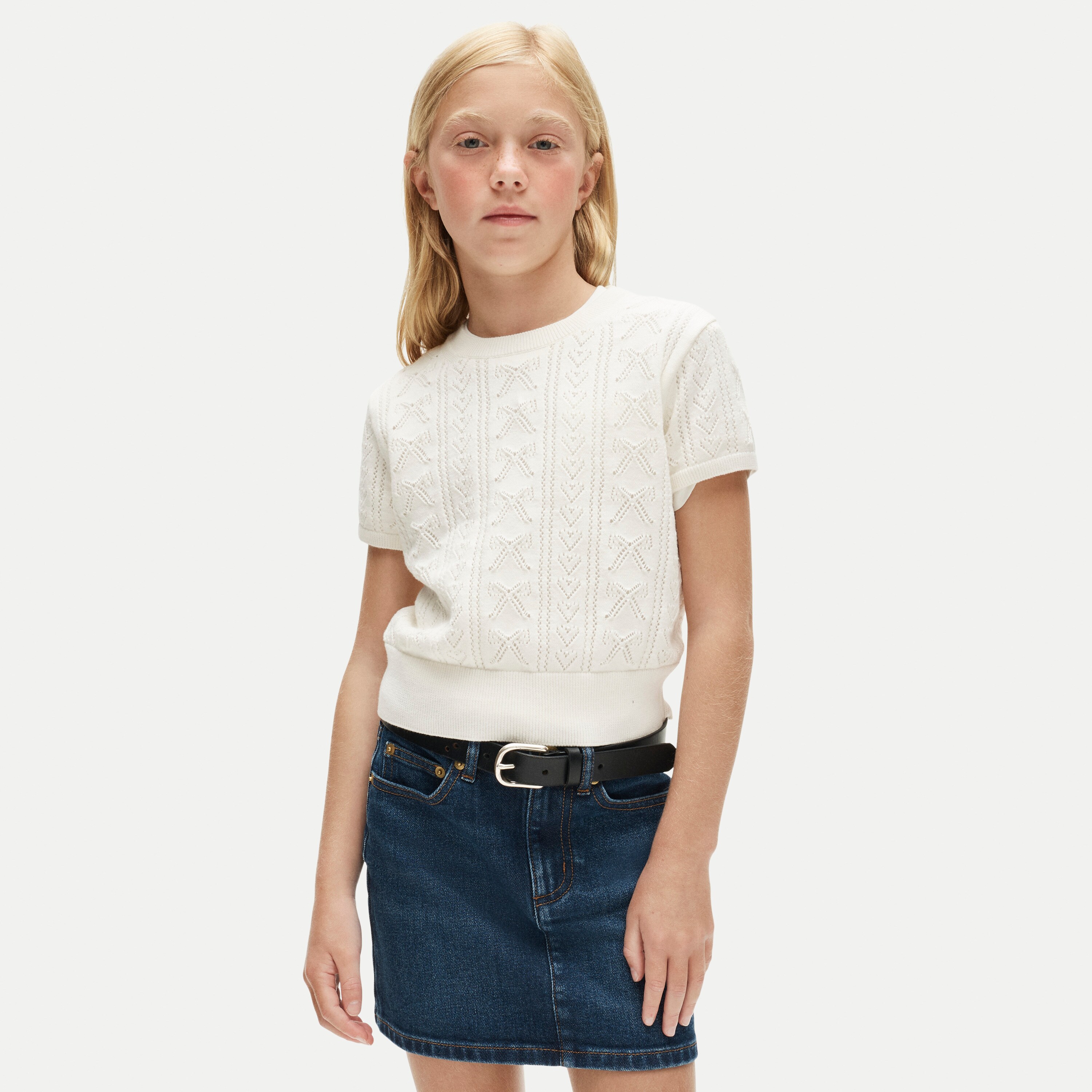 Girls' bow-pointelle sweater-tee