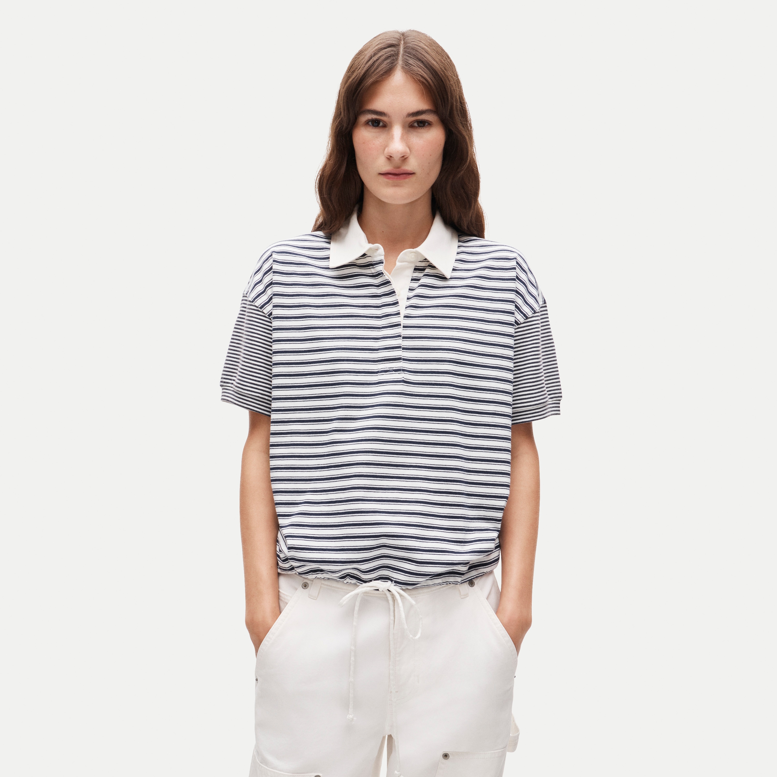 Boyfriend jersey drawstring-waist polo shirt in stripe