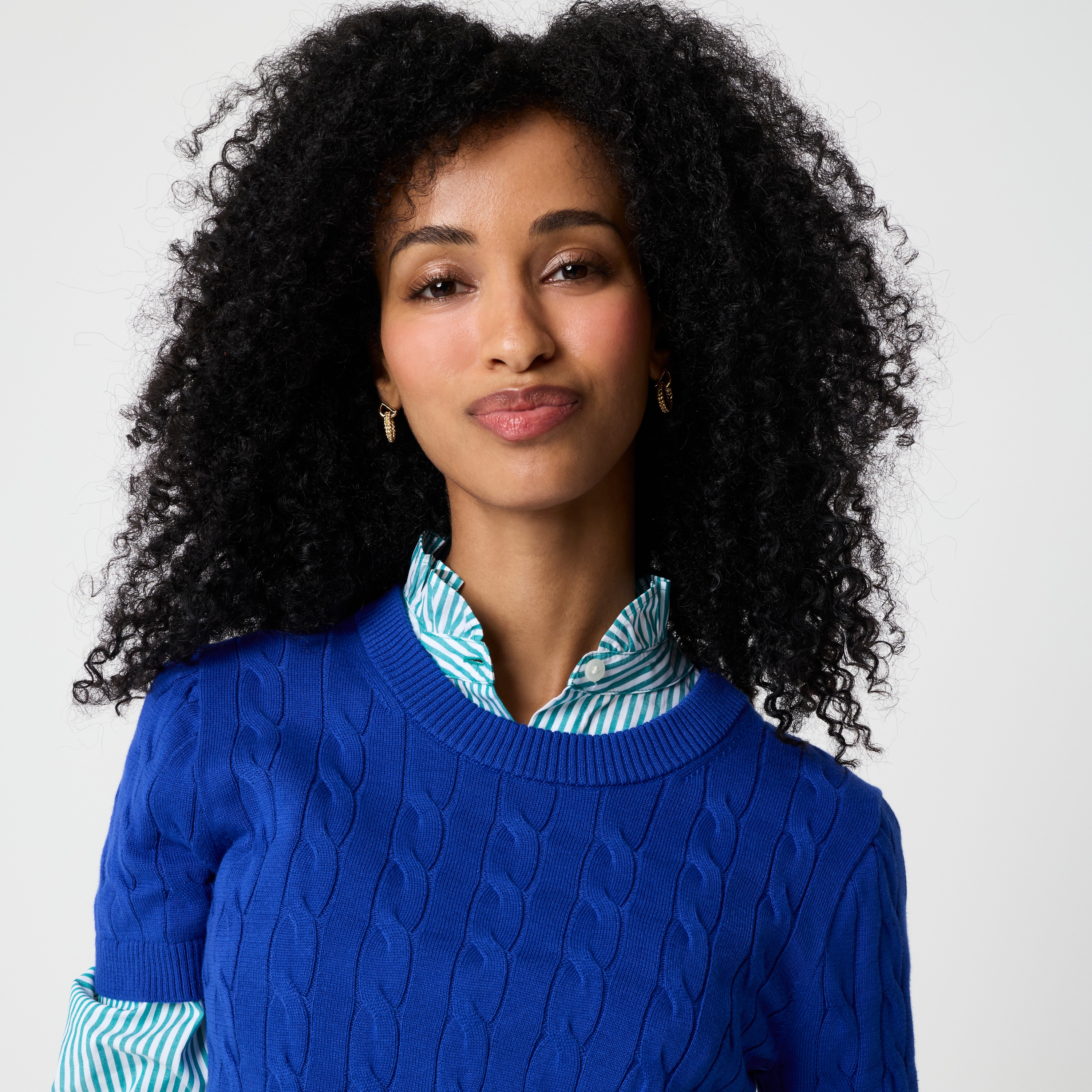 Short-sleeve cotton cable crewneck sweater