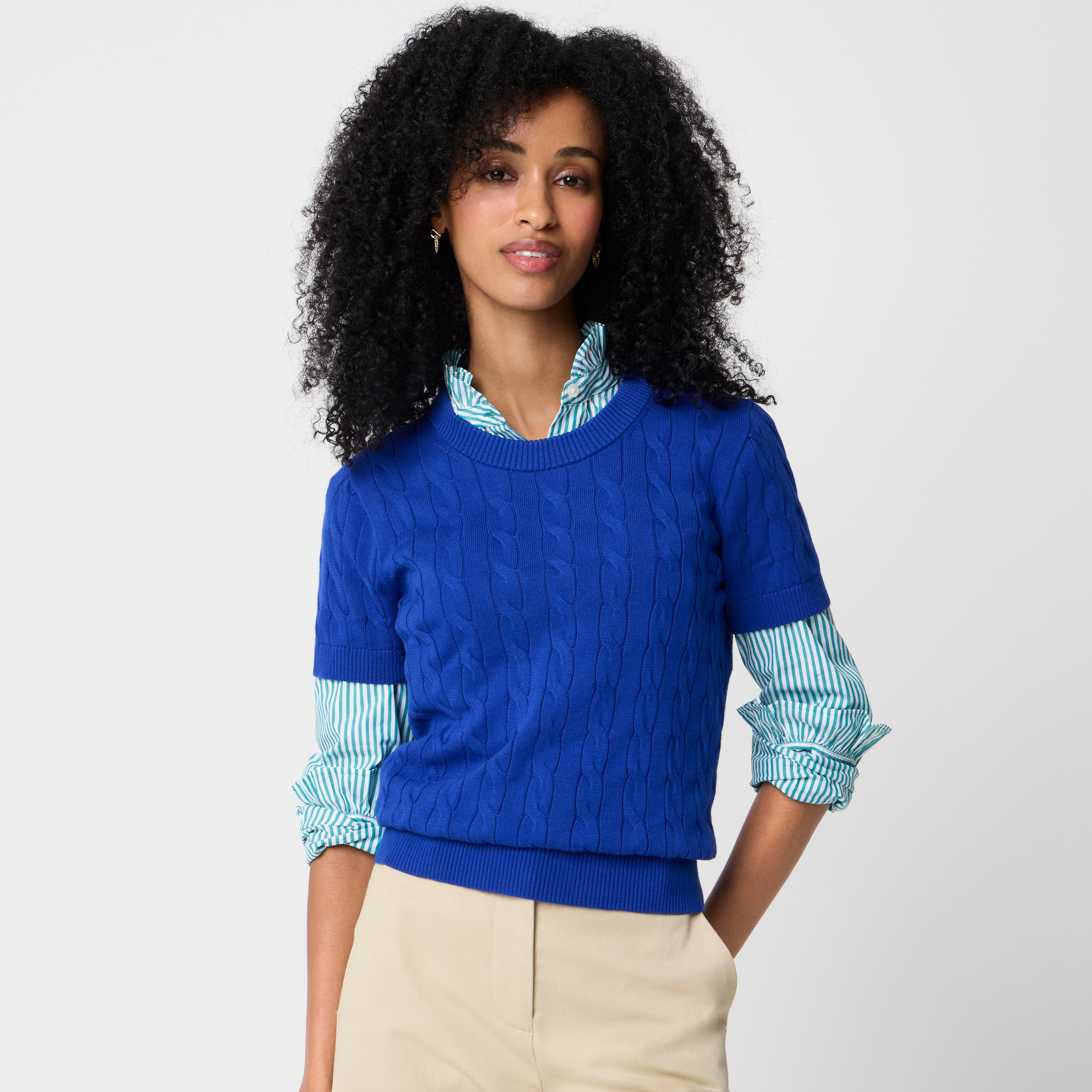 Short-sleeve 100% cotton cable crewneck sweater