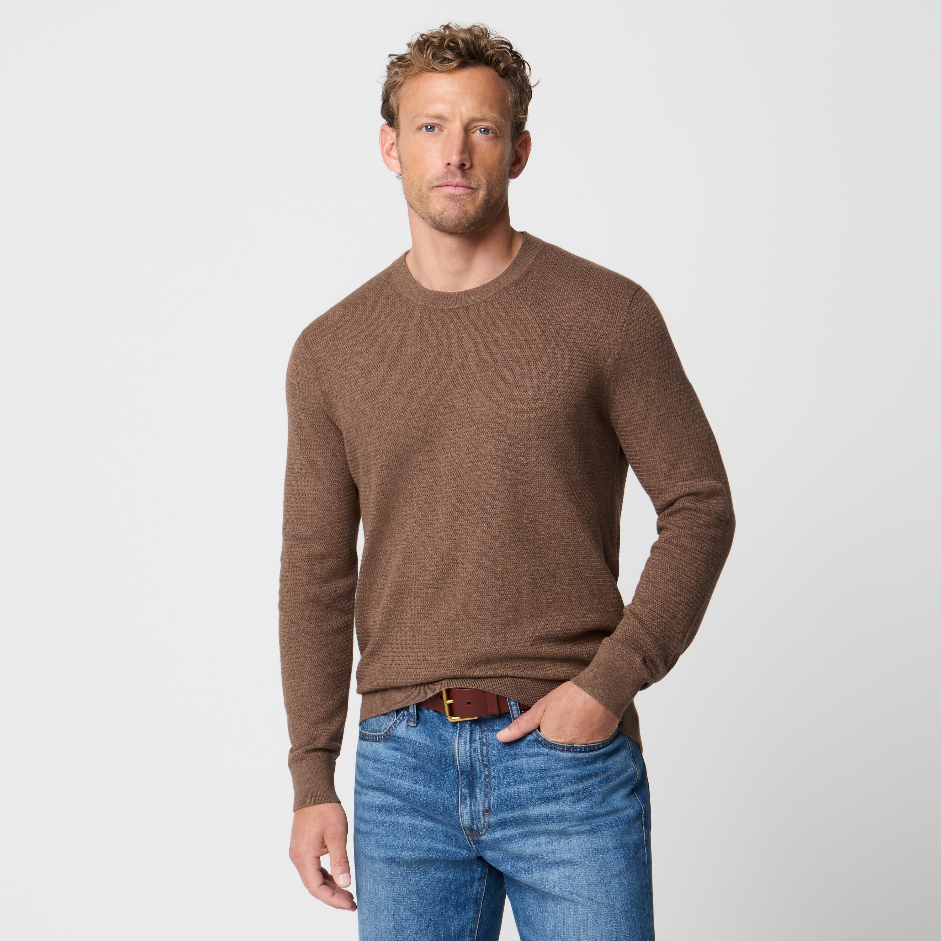 100% cotton basketweave crewneck sweater