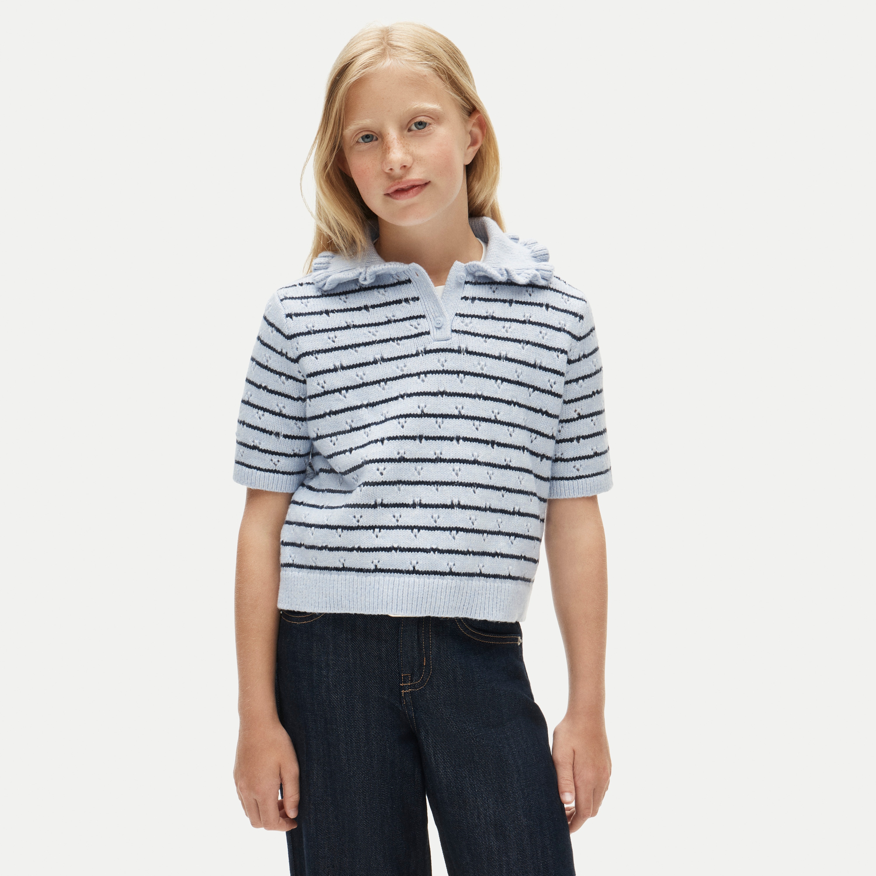 Girls' ruffle-collar sweater-polo in stripe