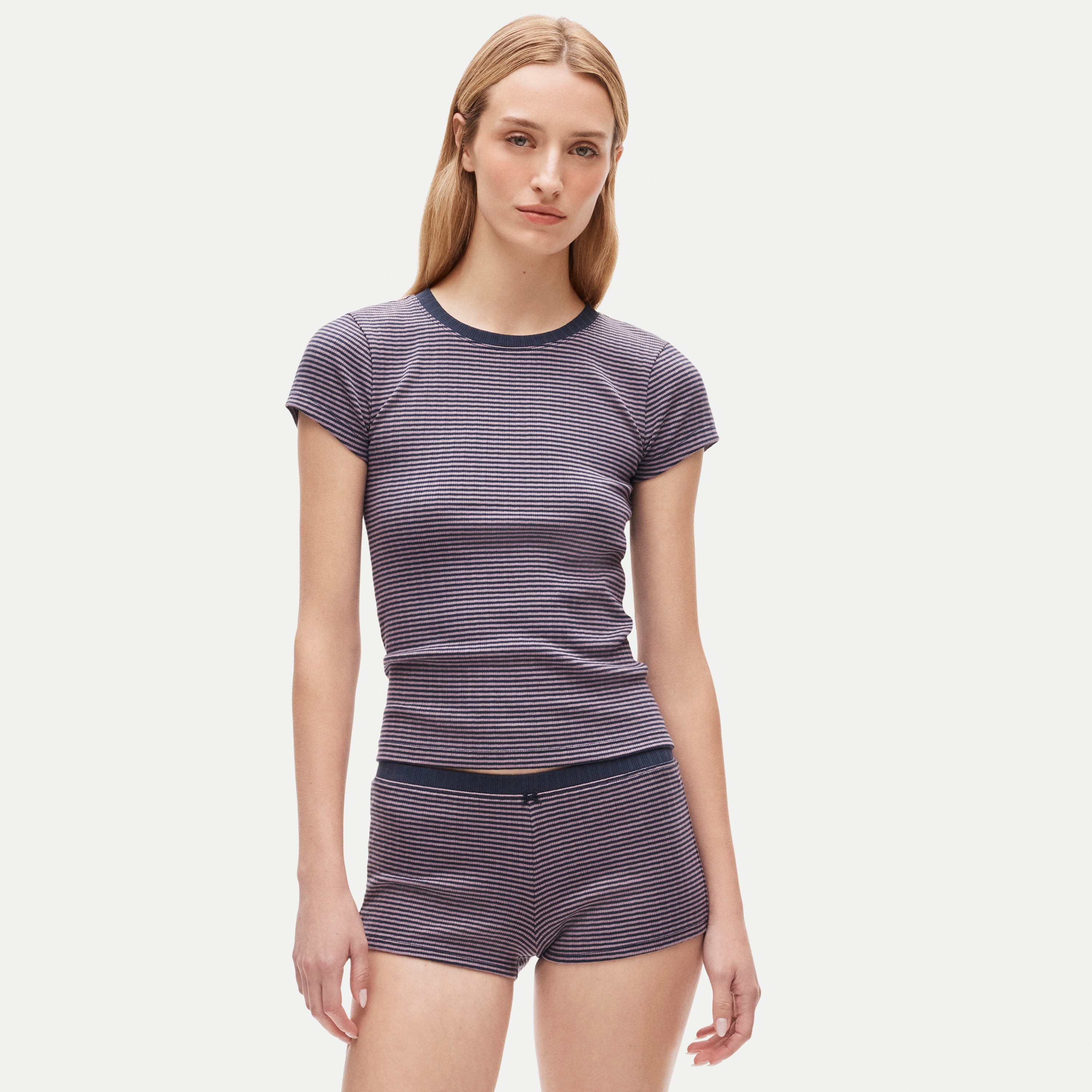 Cotton rib pajama short set in stripe