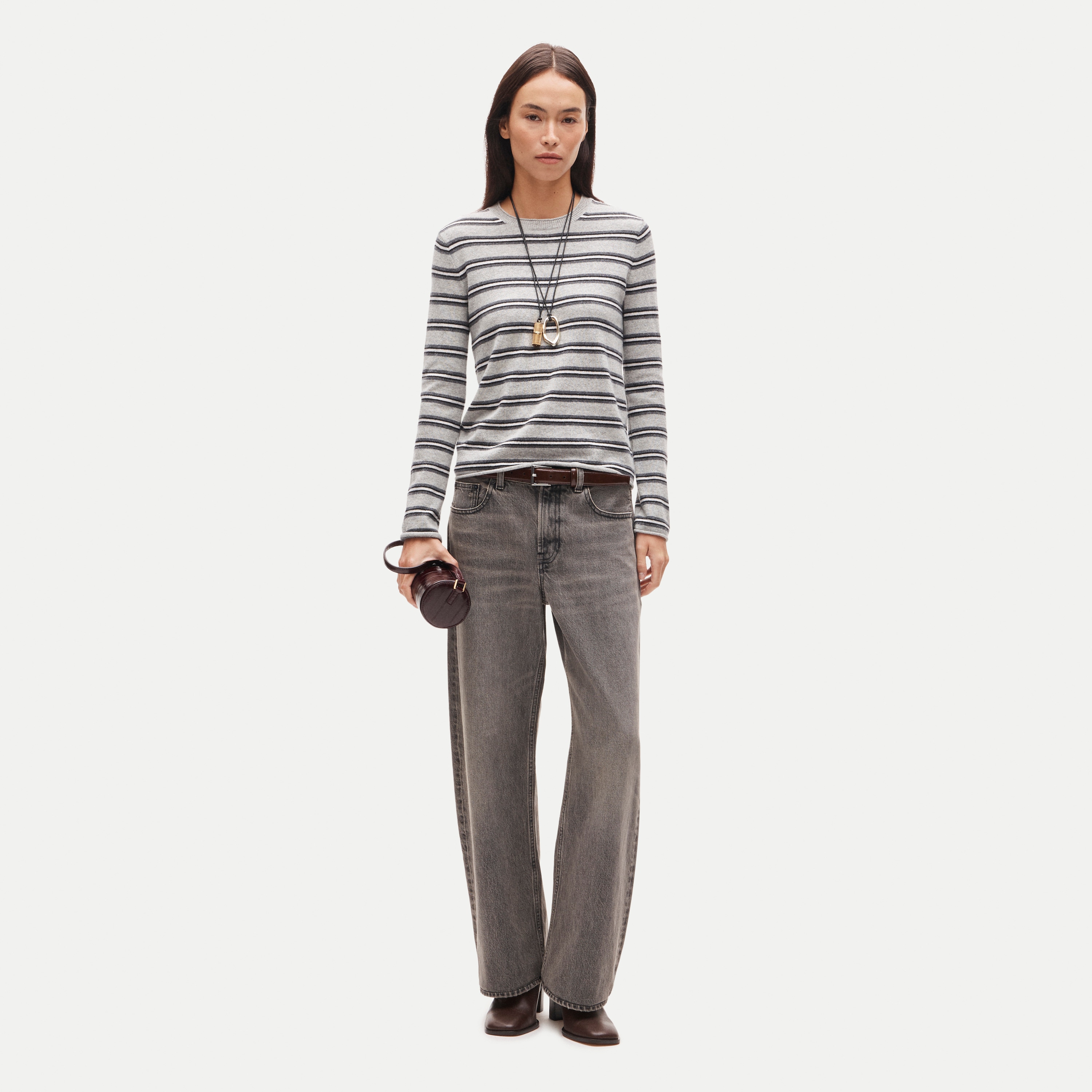 Rolled cashmere long-sleeve sweater in stripe - thumbnail 4