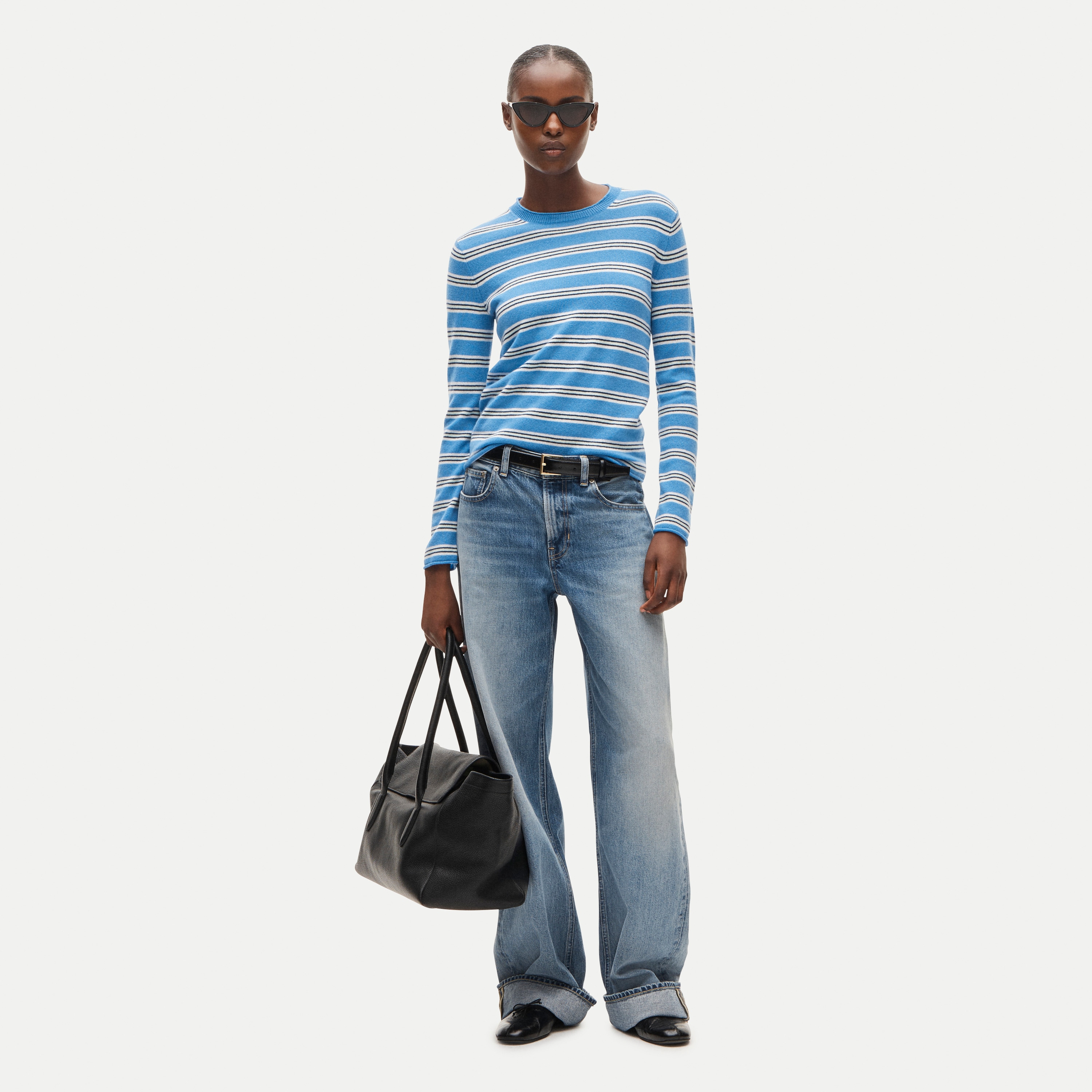 Rolled cashmere long-sleeve sweater in stripe - thumbnail 2