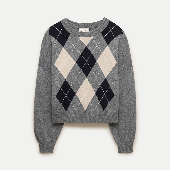 Cashmere blouson-sleeve sweater in argyle