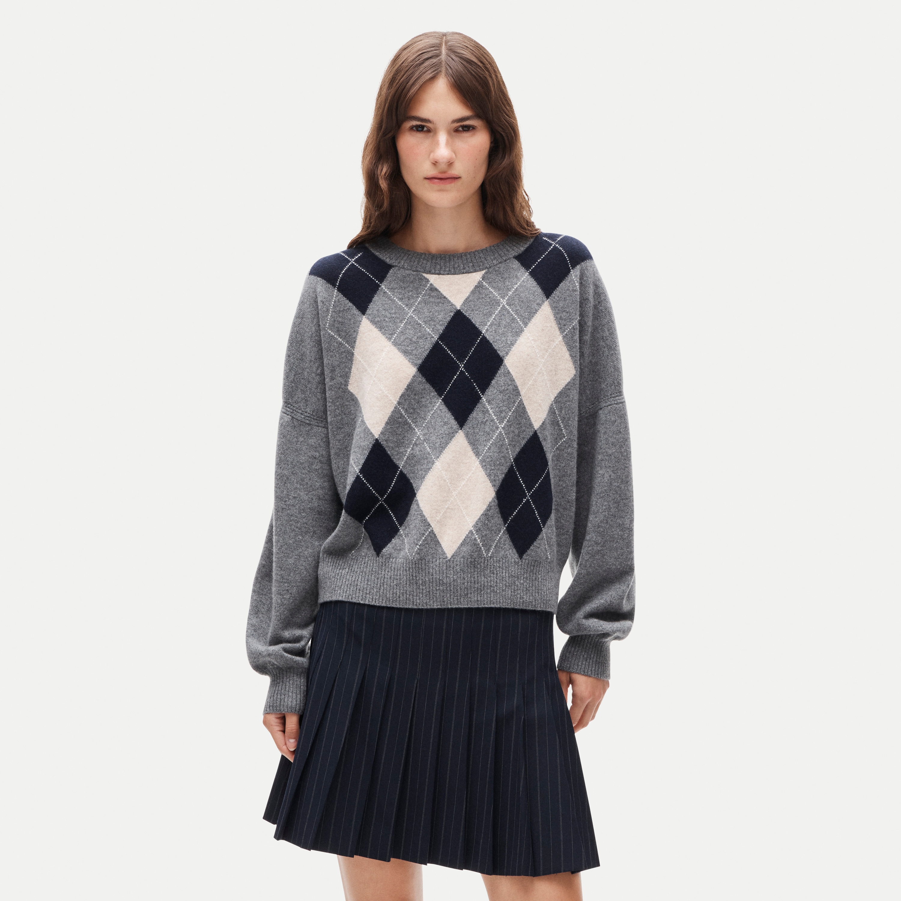 Cashmere blouson-sleeve sweater in argyle