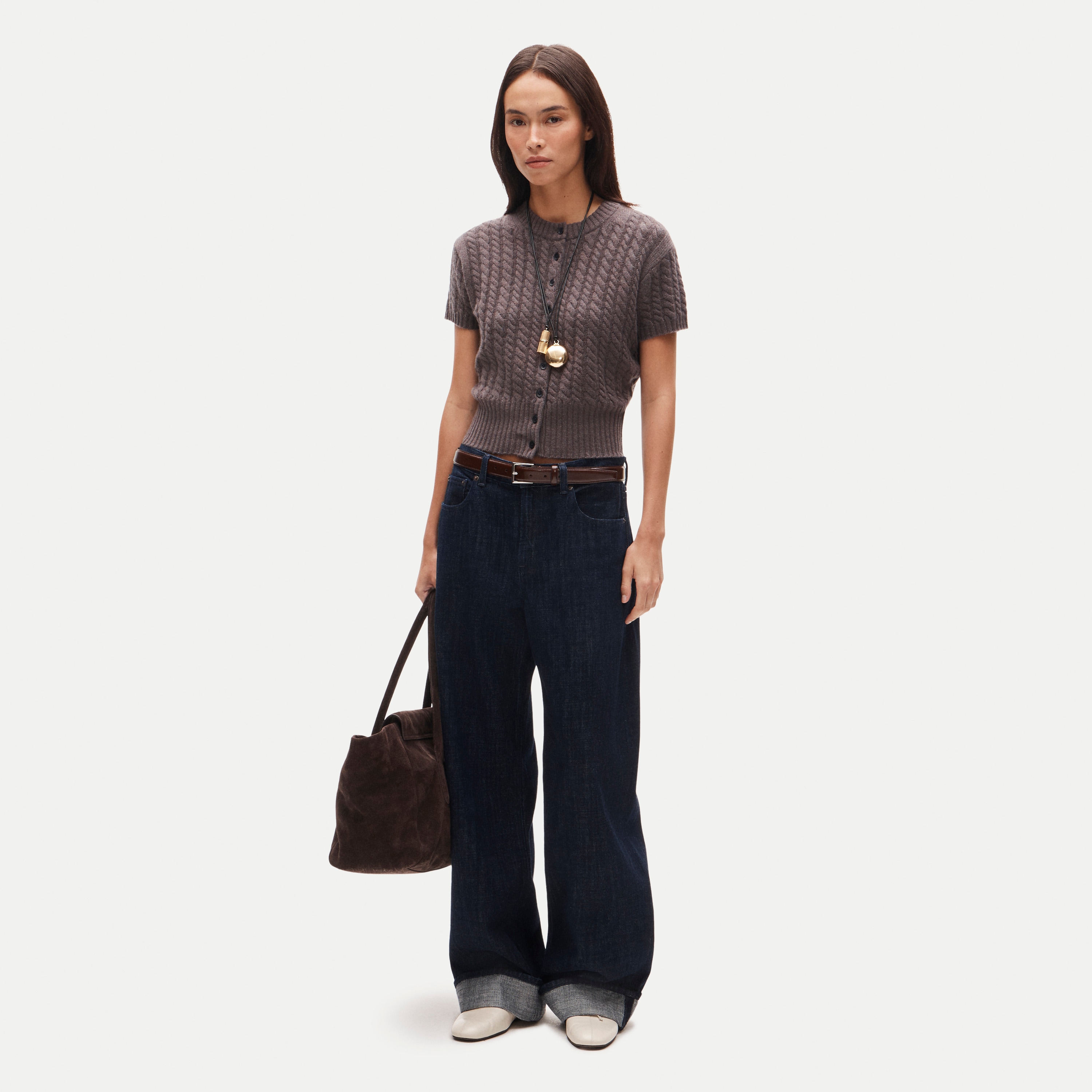 Cashmere short-sleeve cable-knit cardigan