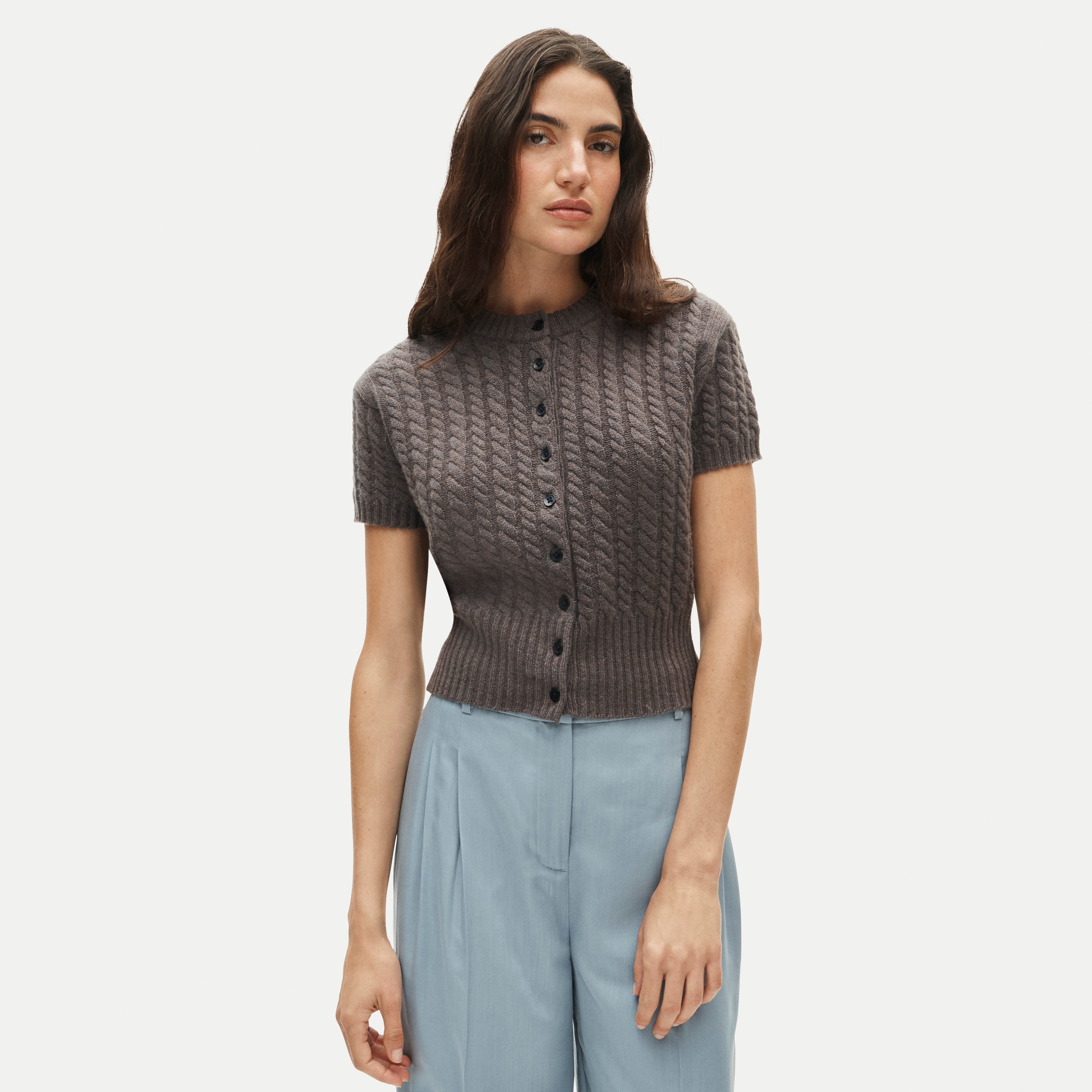 Cashmere short-sleeve cable-knit cardigan