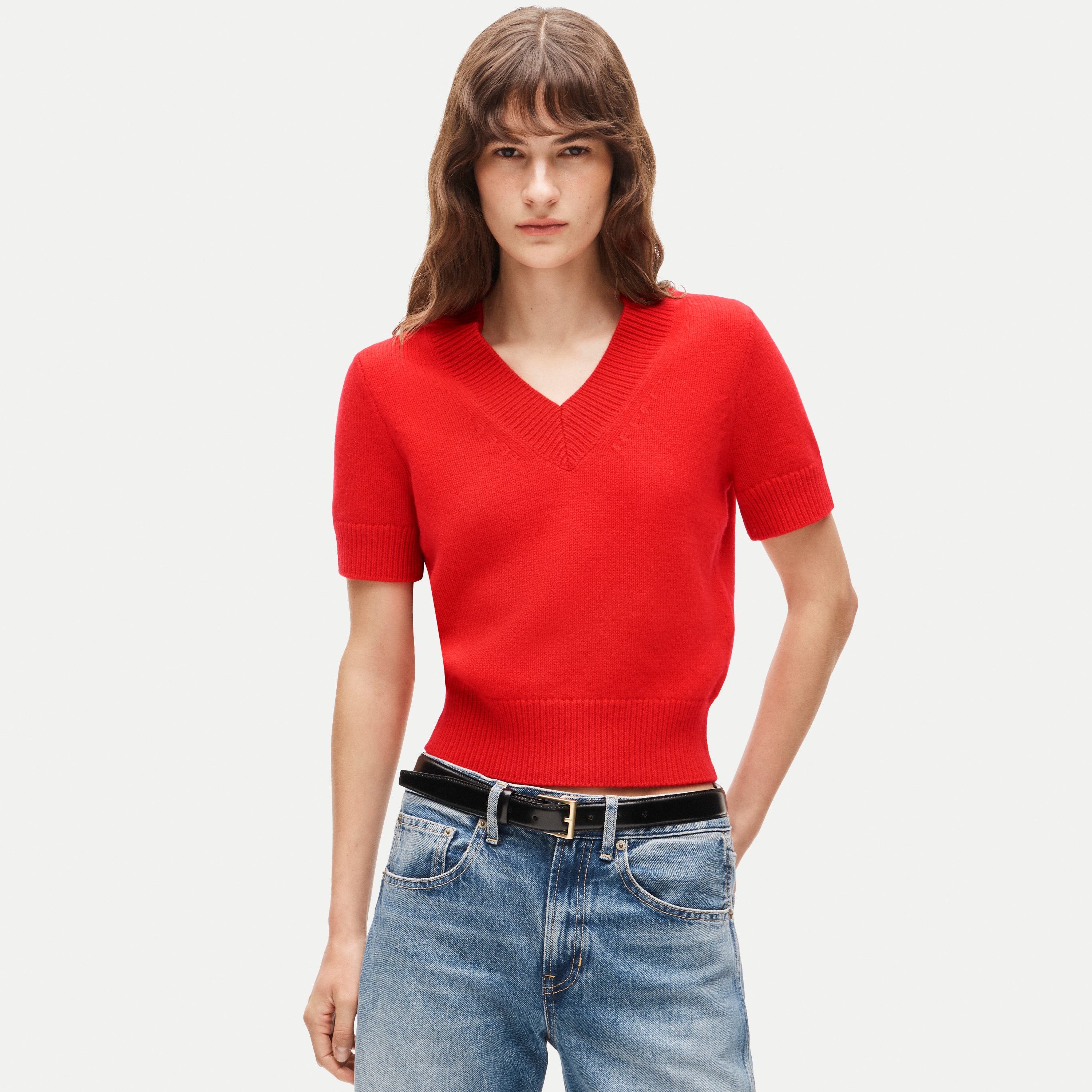 Short-sleeve V-neck sweater in vintage wool