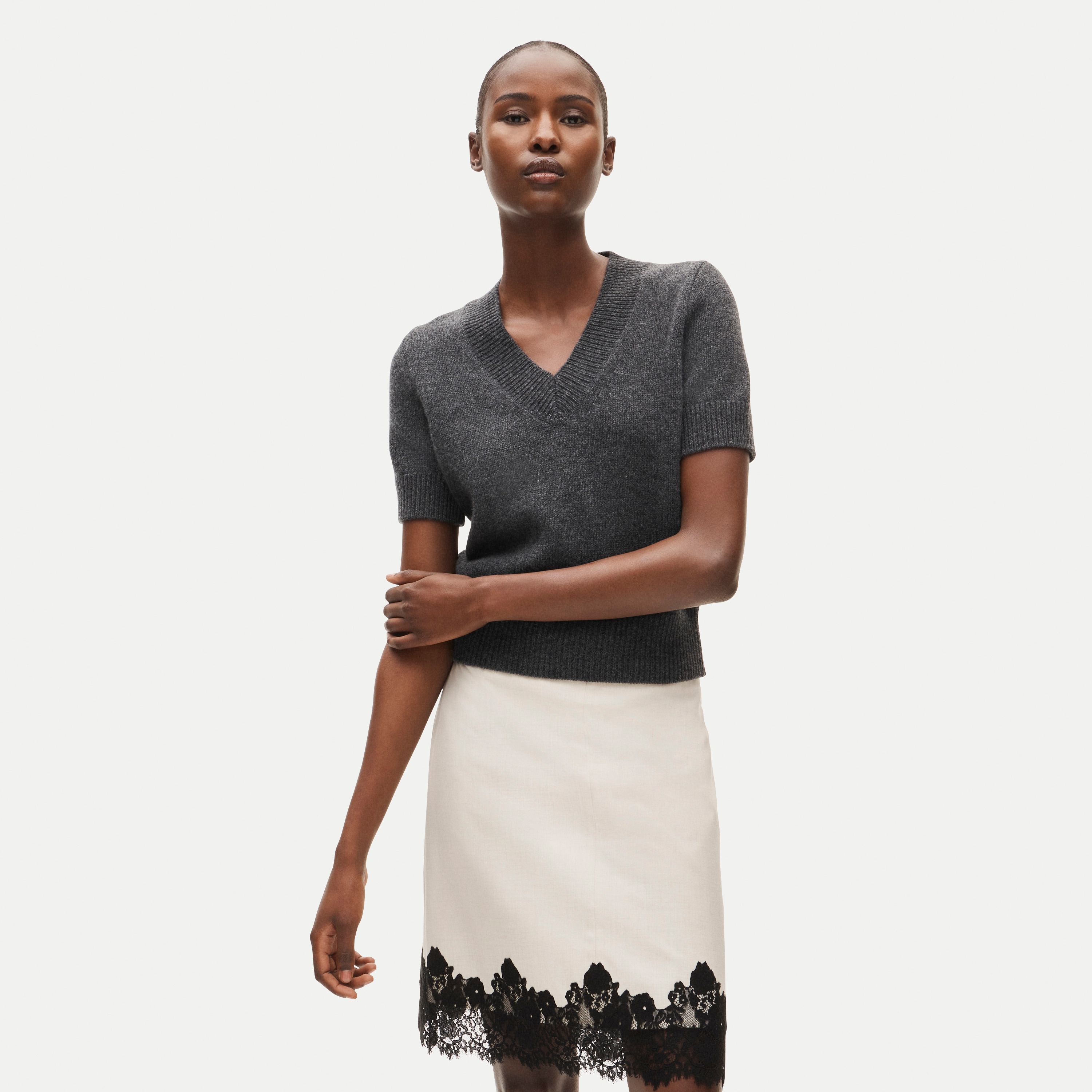 Short-sleeve V-neck sweater in vintage wool