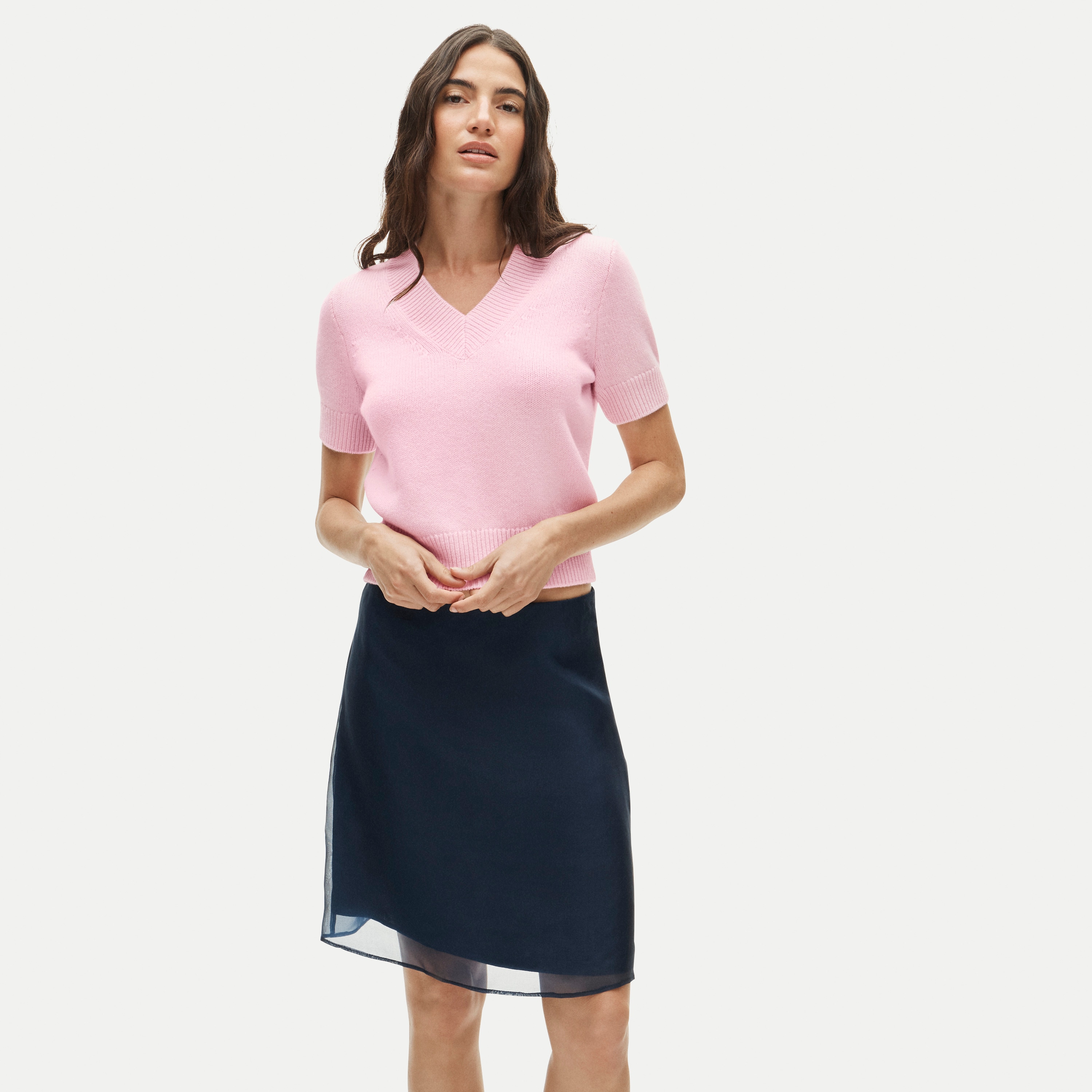 Short-sleeve V-neck sweater in vintage wool