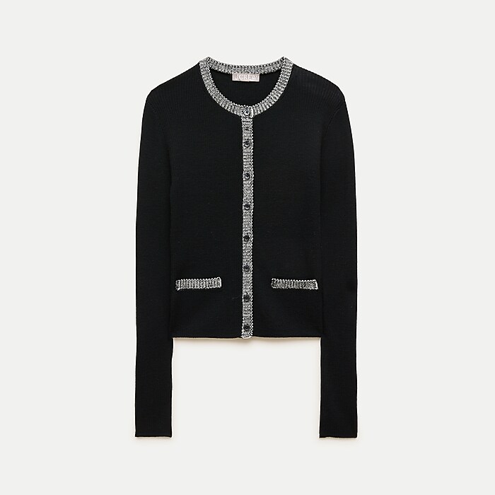 Crochet-trim cardigan in merino wool blend