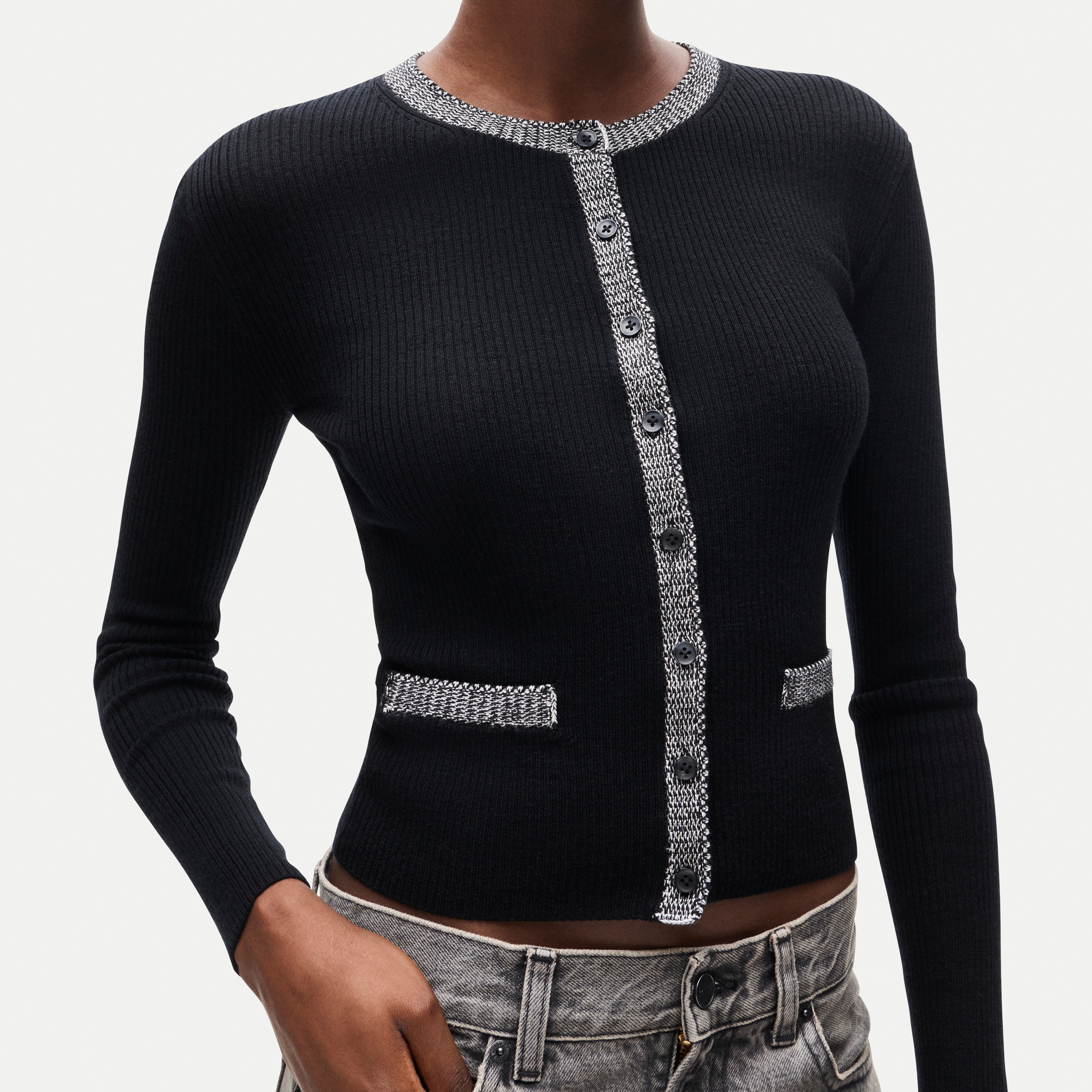 Crochet-trim cardigan in merino wool blend