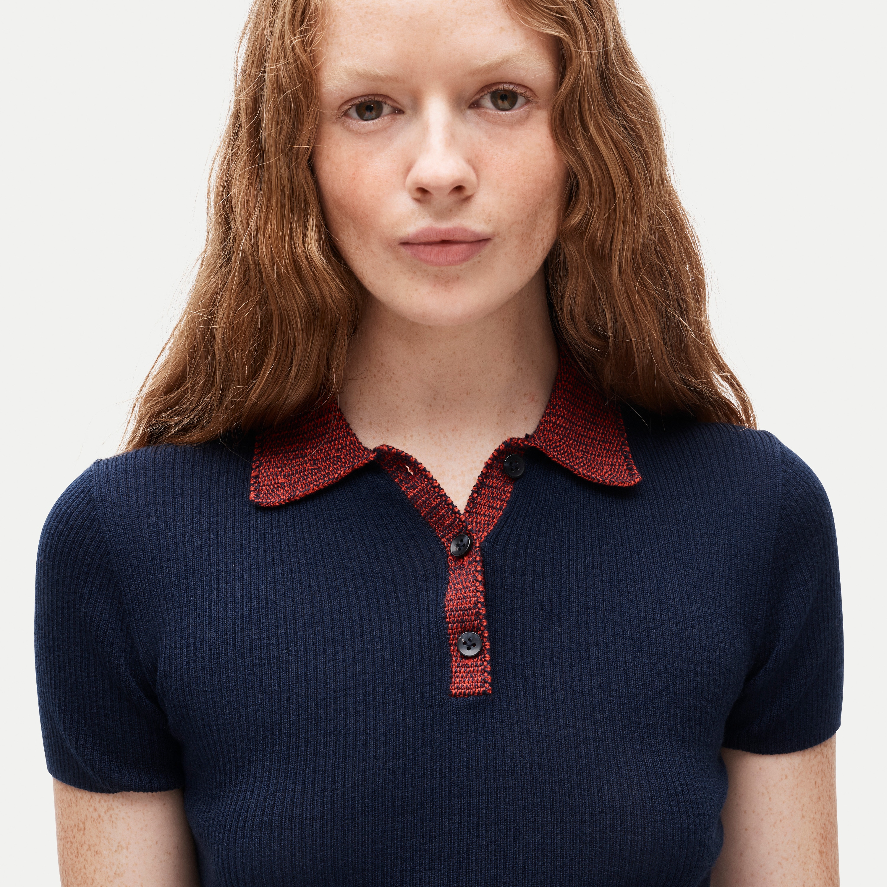Crochet-trim sweater-polo in merino wool blend