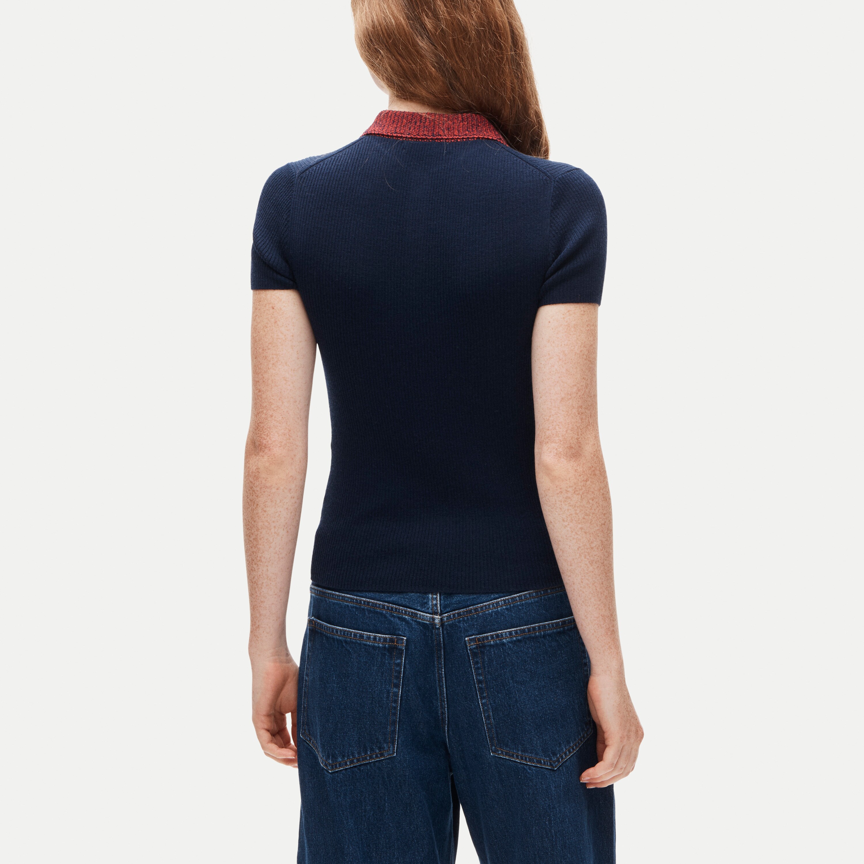 Crochet-trim sweater-polo in merino wool blend