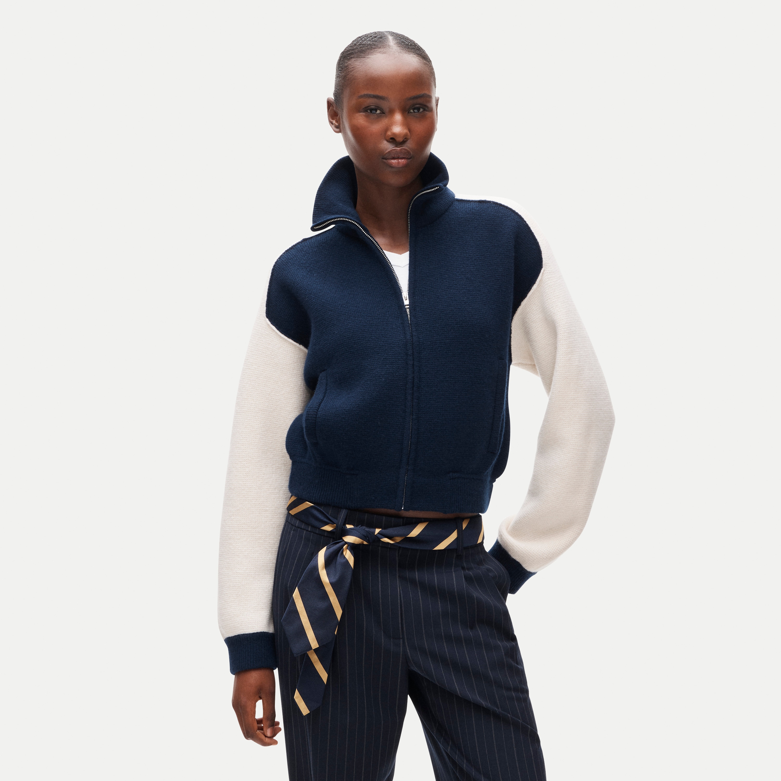 Bomber sweater-jacket in colorblock vintage wool