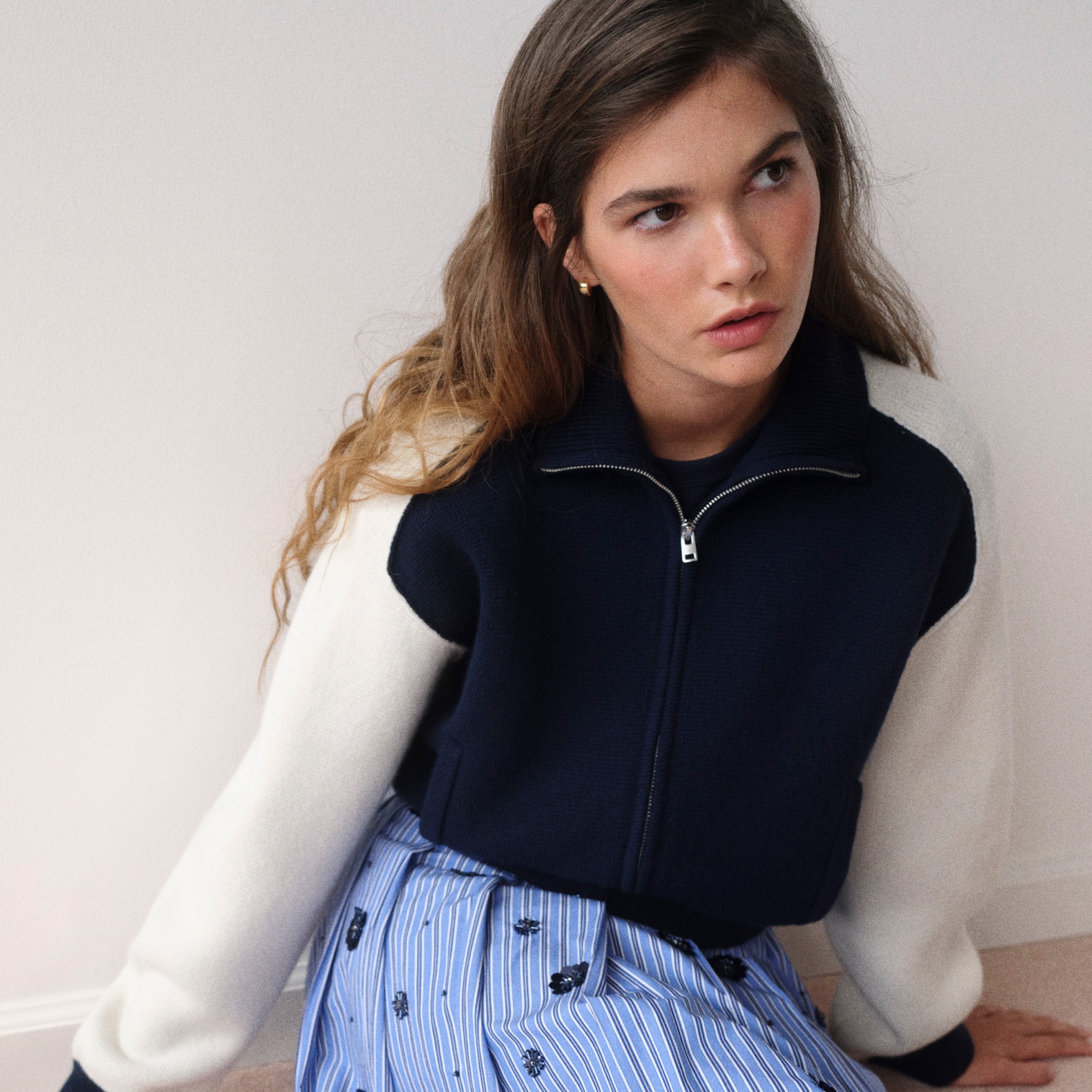 Bomber sweater-jacket in colorblock vintage wool