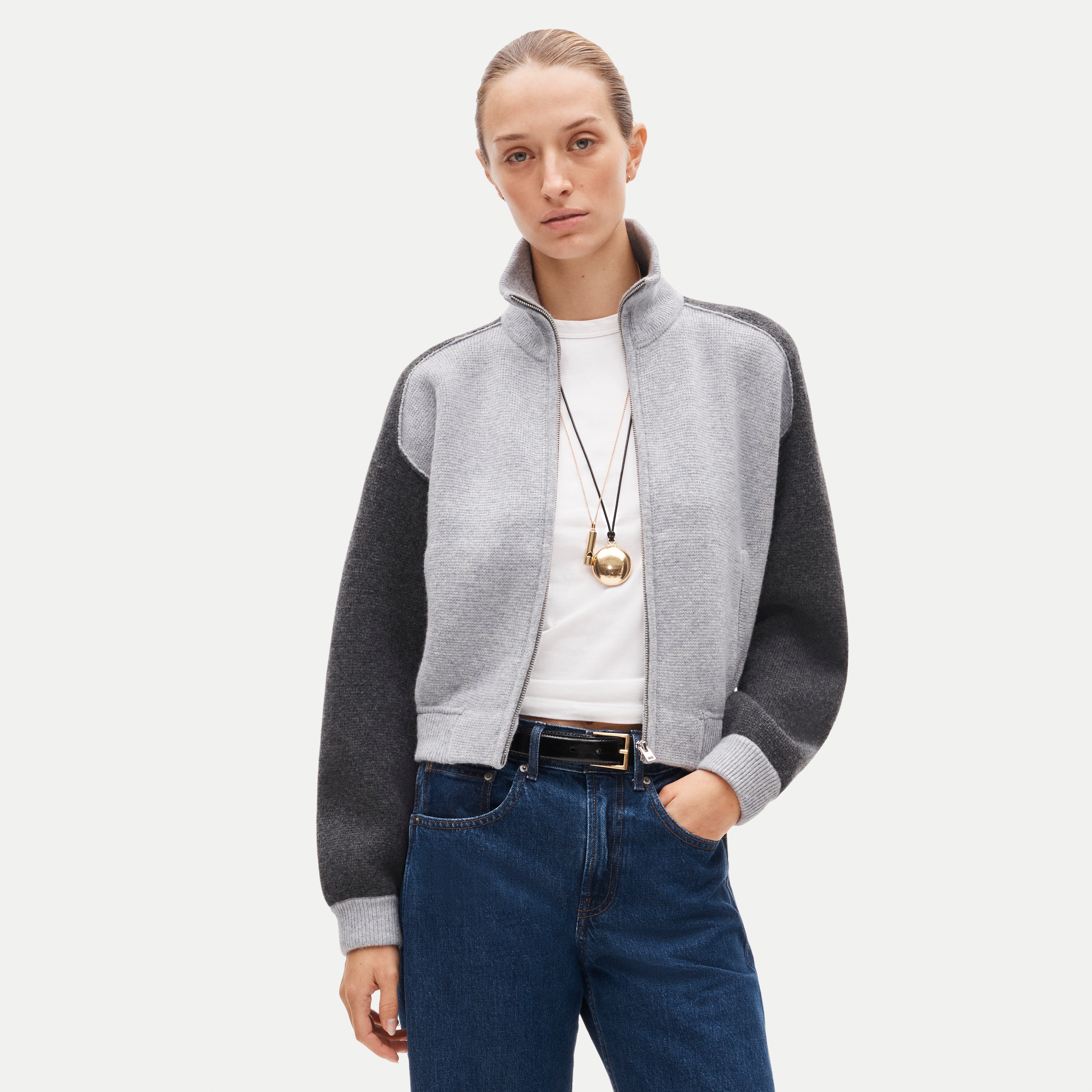 Bomber sweater-jacket in colorblock vintage wool
