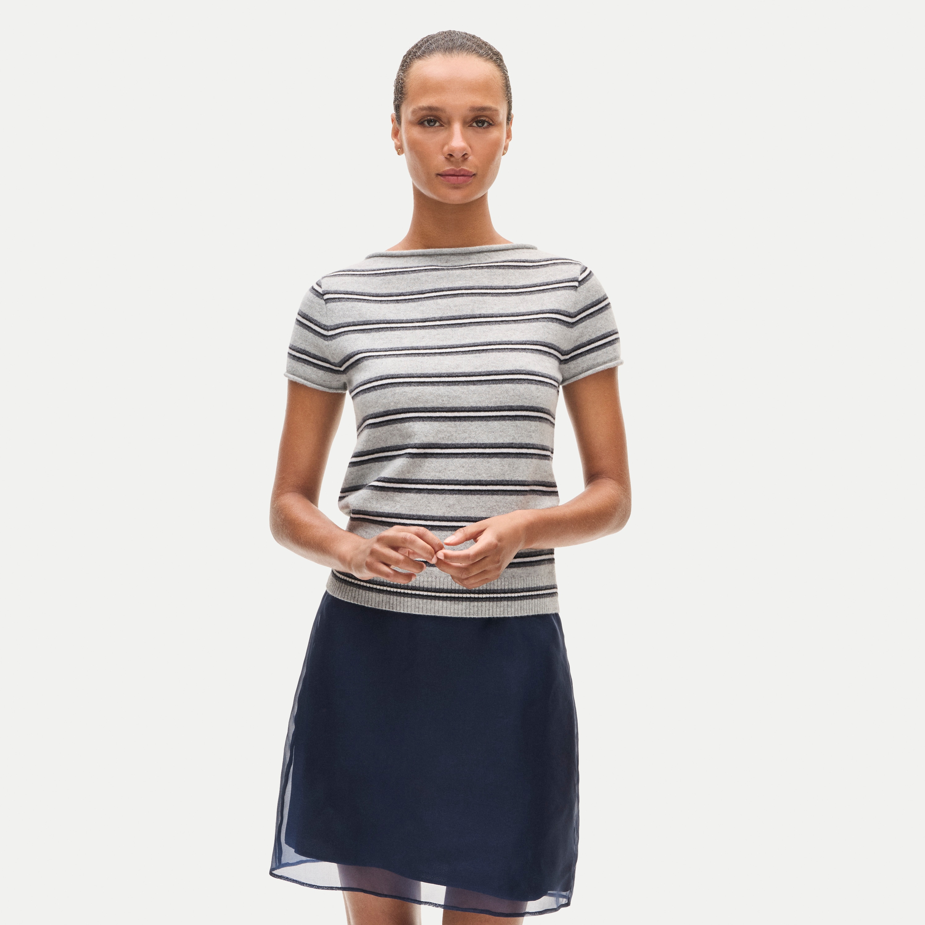 Rolled cashmere boatneck sweater-tee in stripe