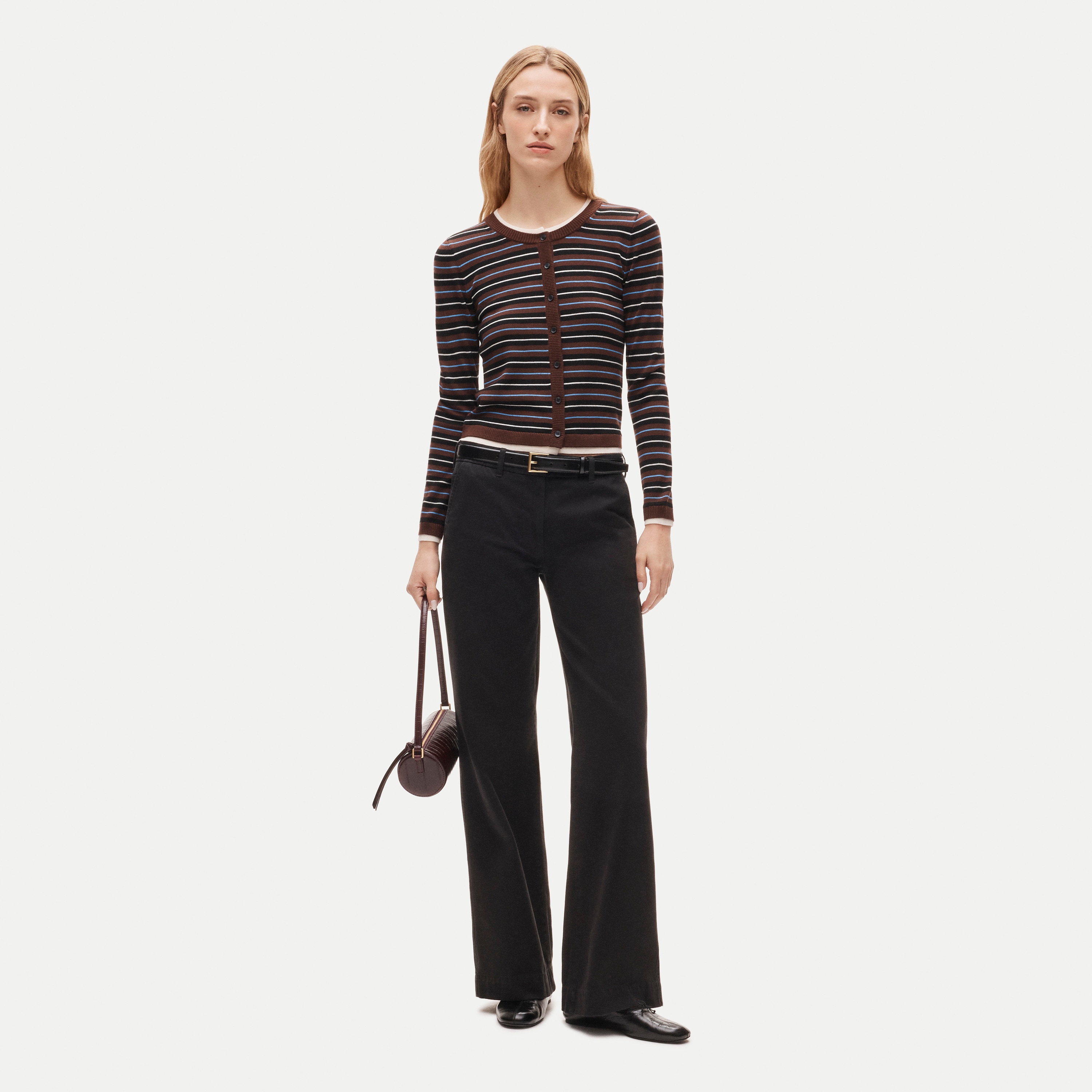 Double-layer cardigan in striped merino wool blend - thumbnail 2
