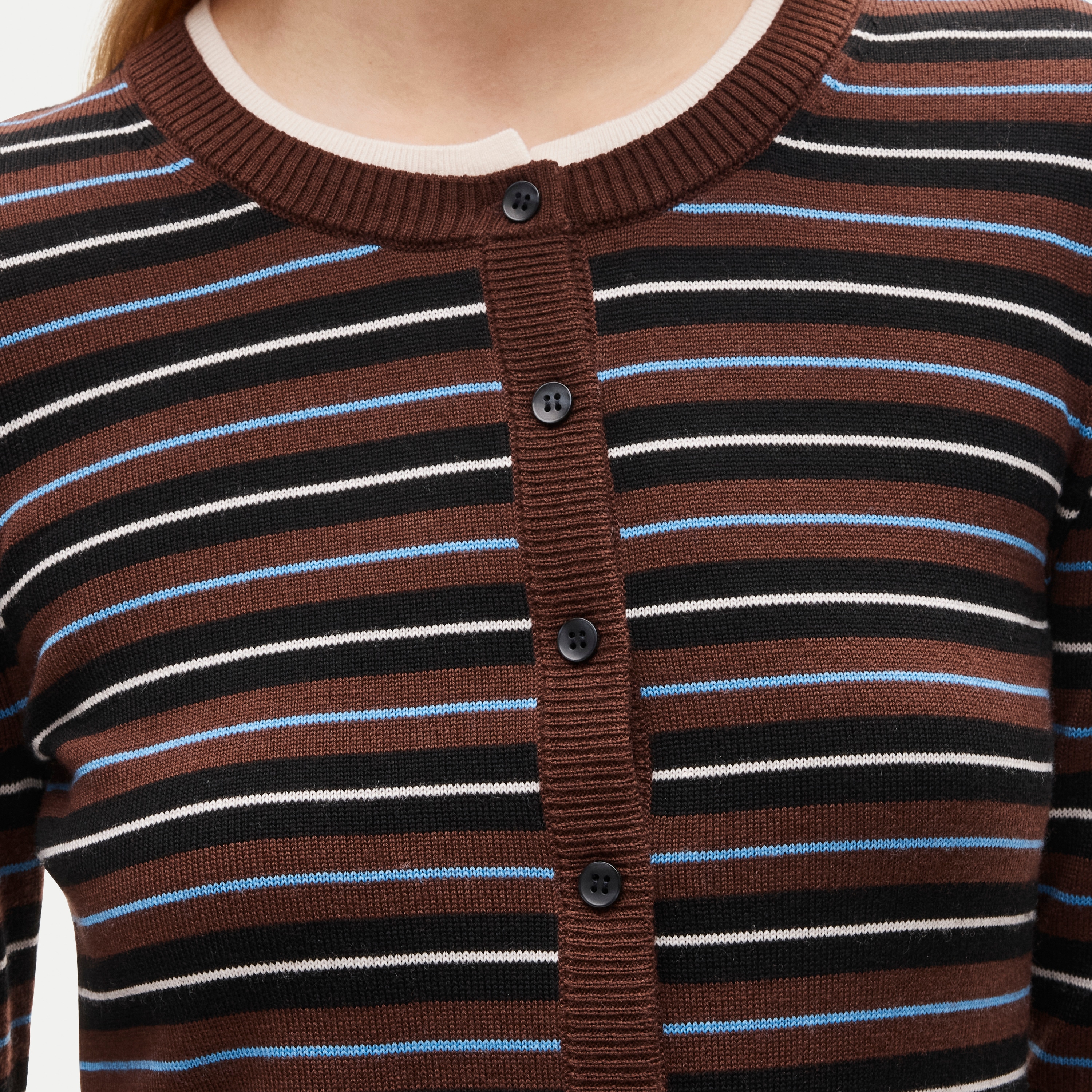 Double-layer cardigan in striped merino wool blend