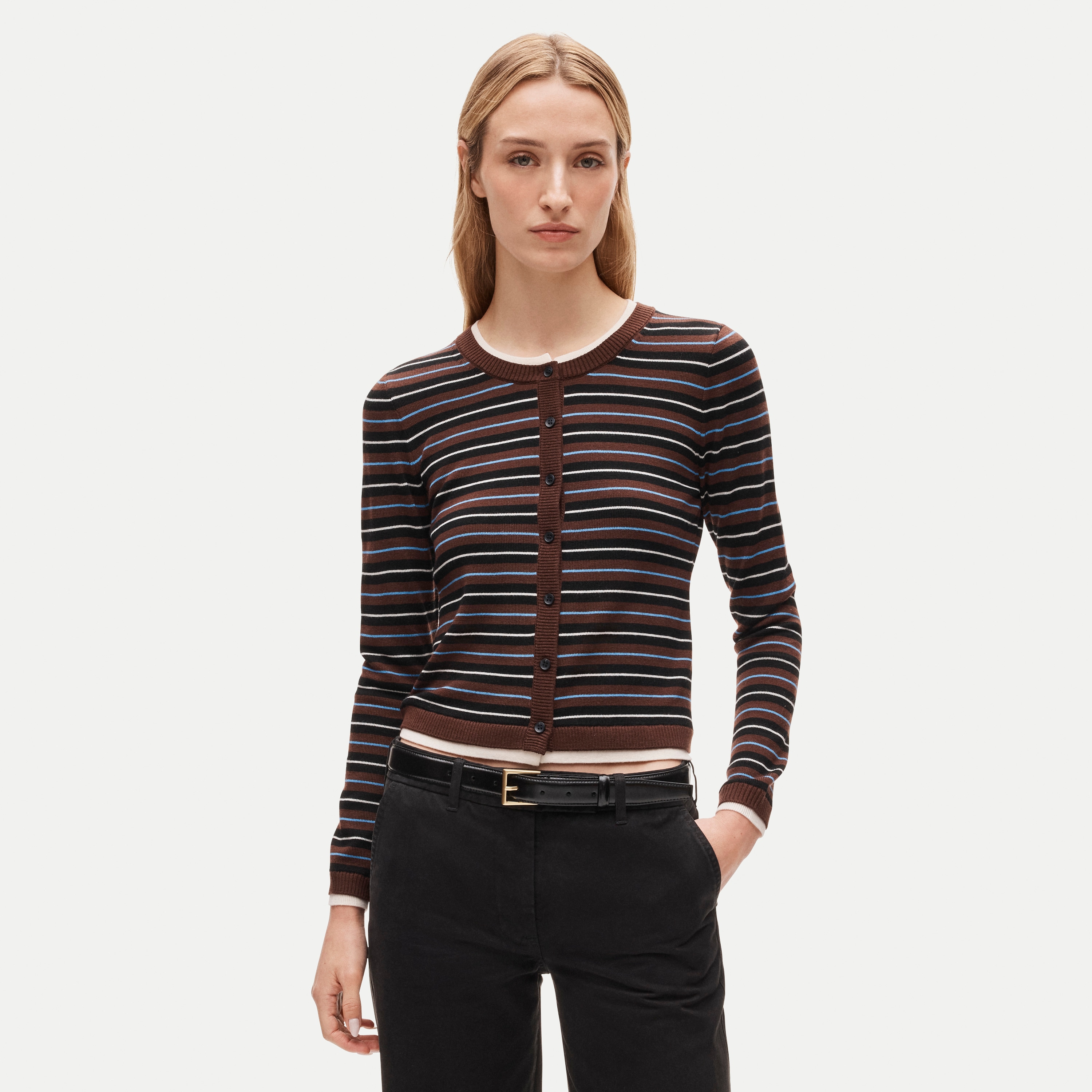 Double-layer cardigan in striped merino wool blend