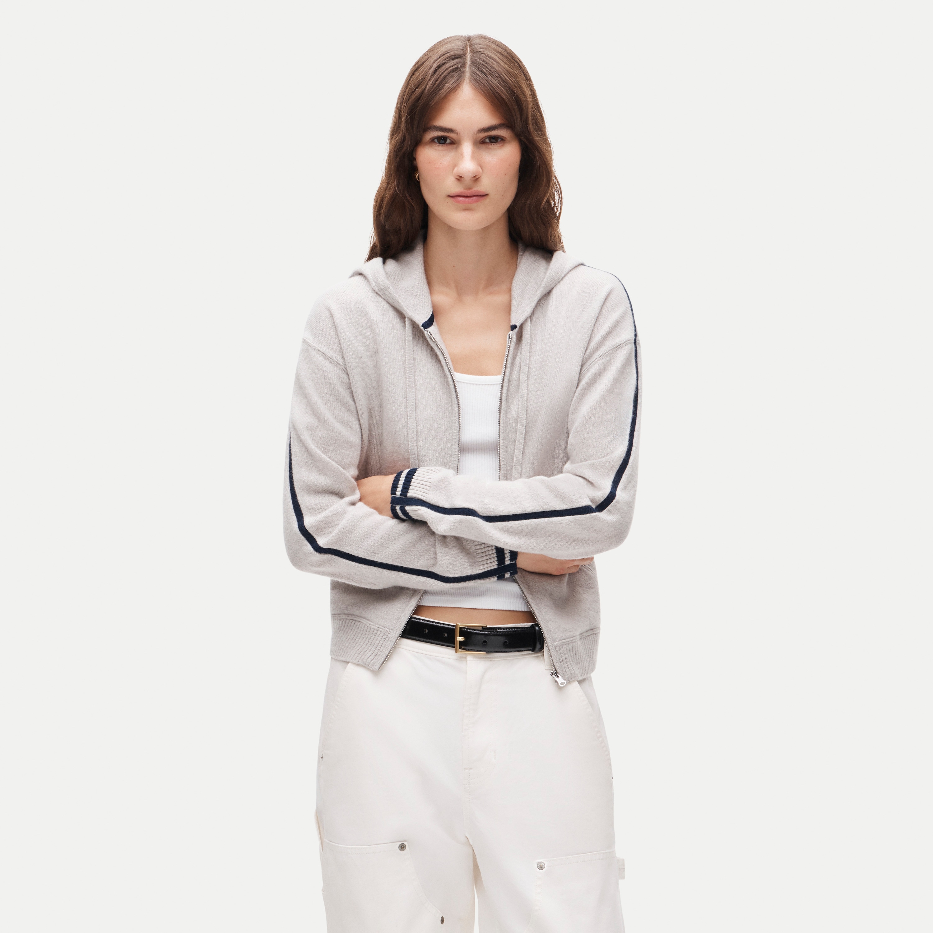 Cashmere full-zip hoodie with tipping