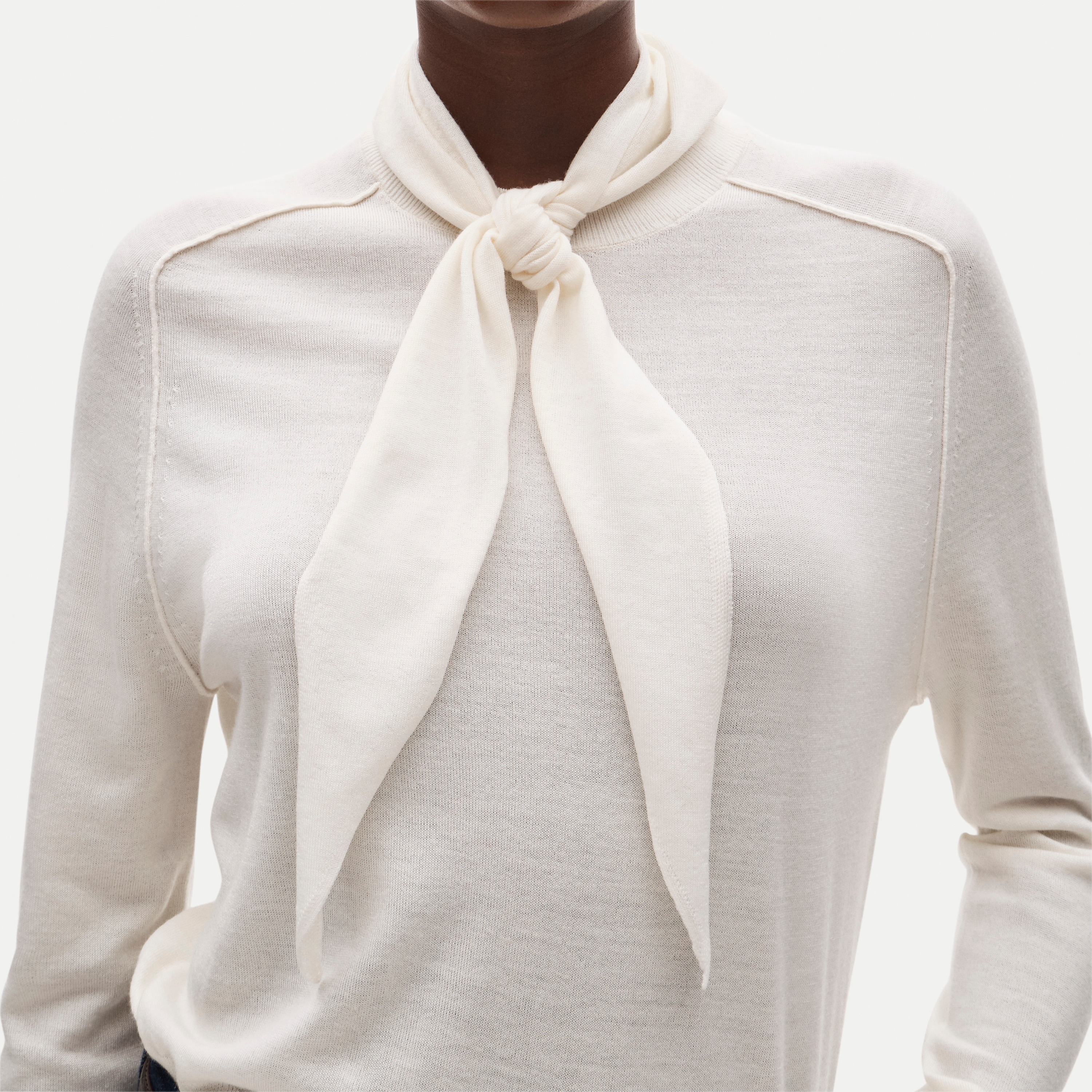 Blouson-sleeve scarf sweater in merino wool blend