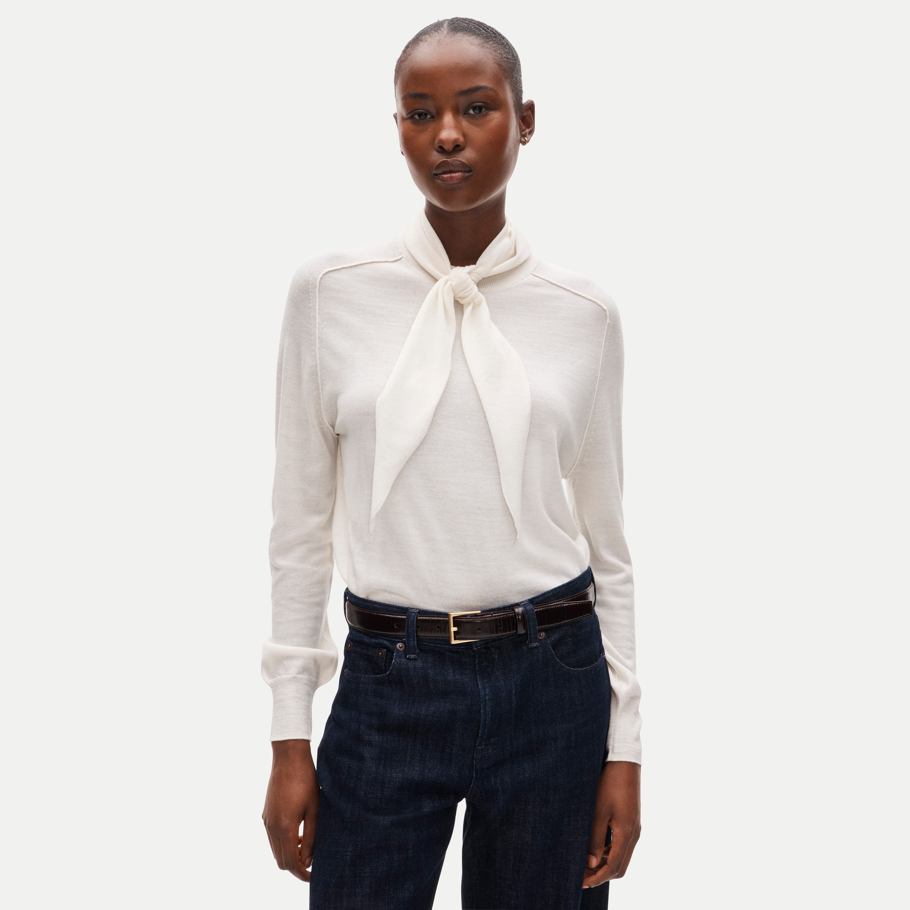 Blouson-sleeve scarf sweater in merino wool blend