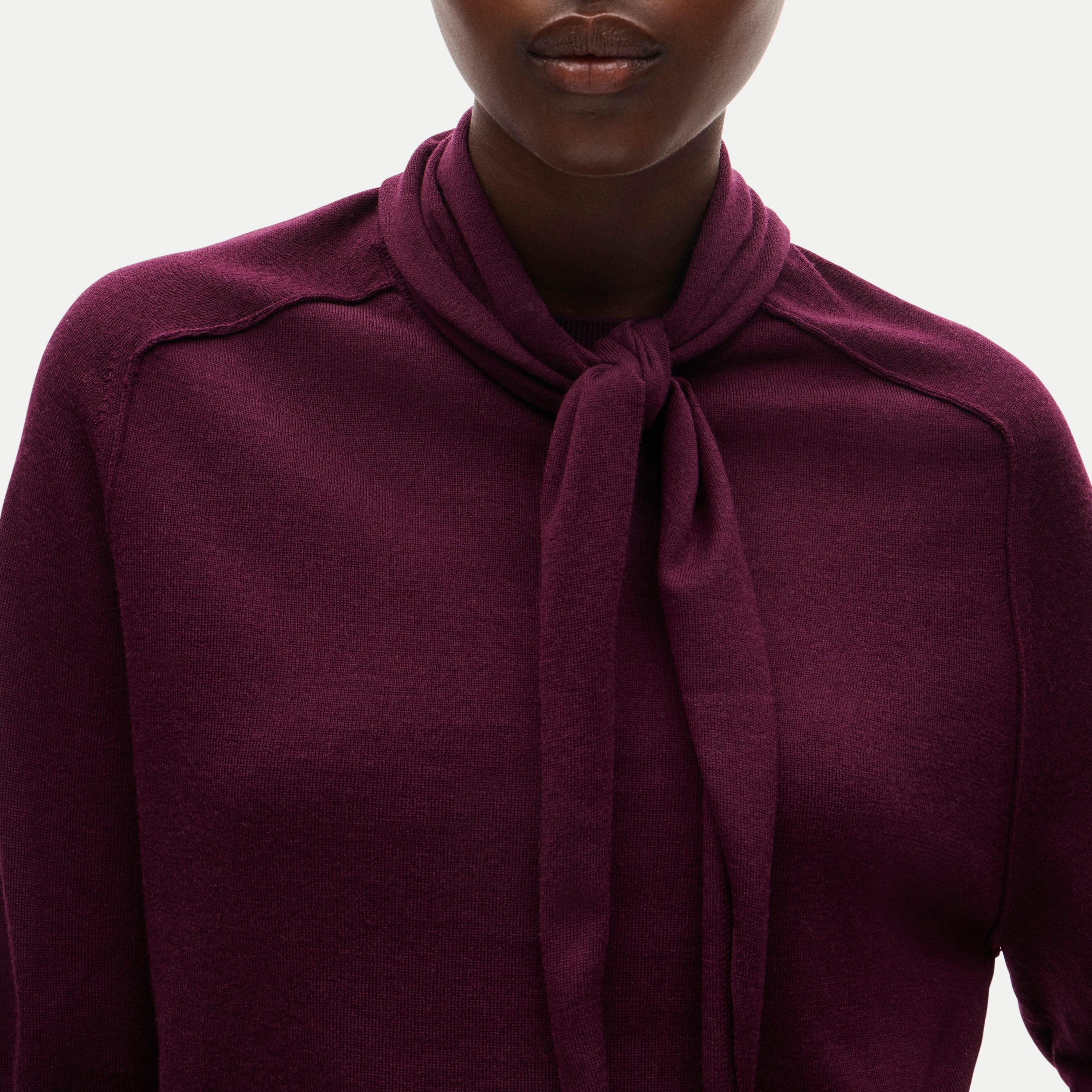 Blouson-sleeve scarf sweater in merino wool blend