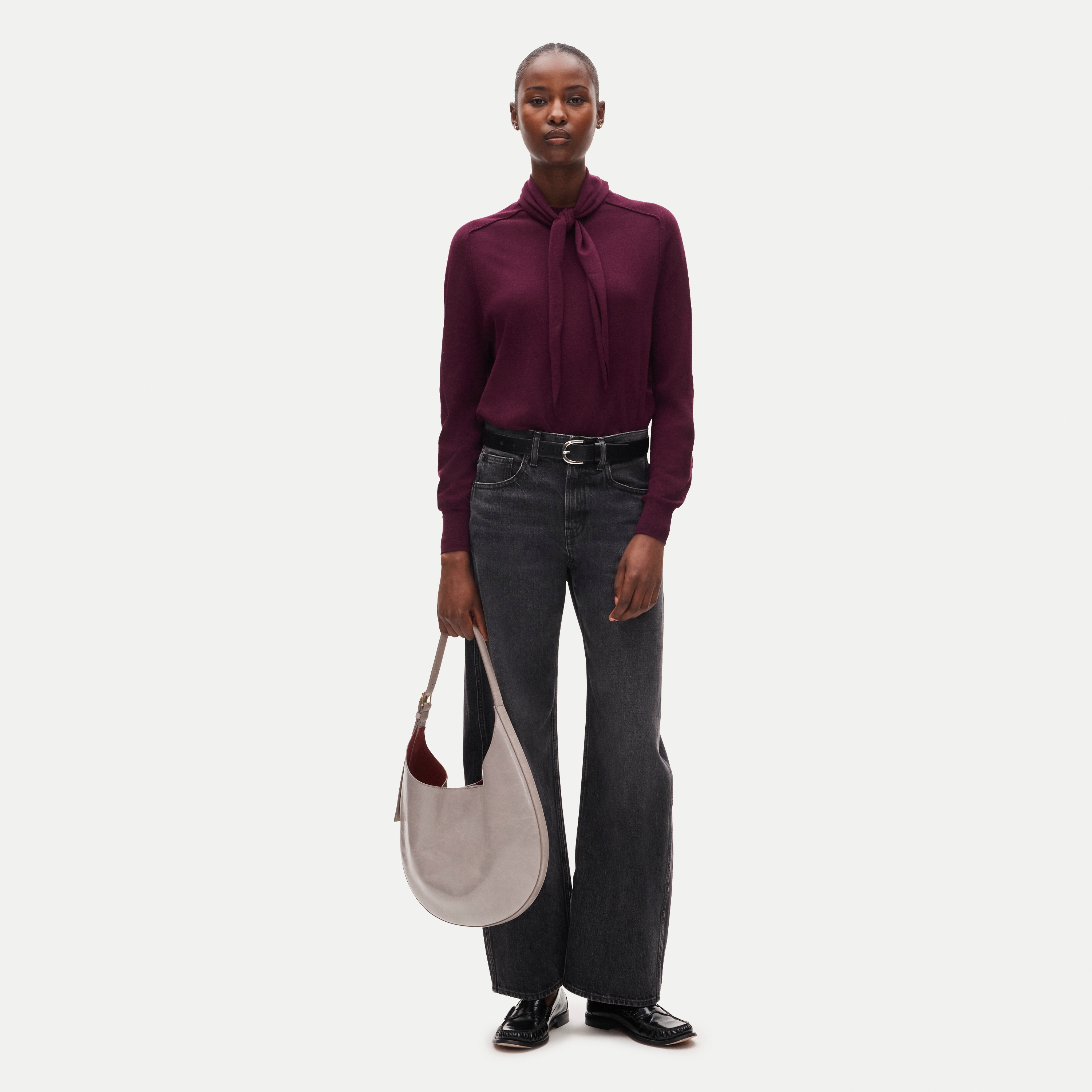 Blouson-sleeve scarf sweater in merino wool blend